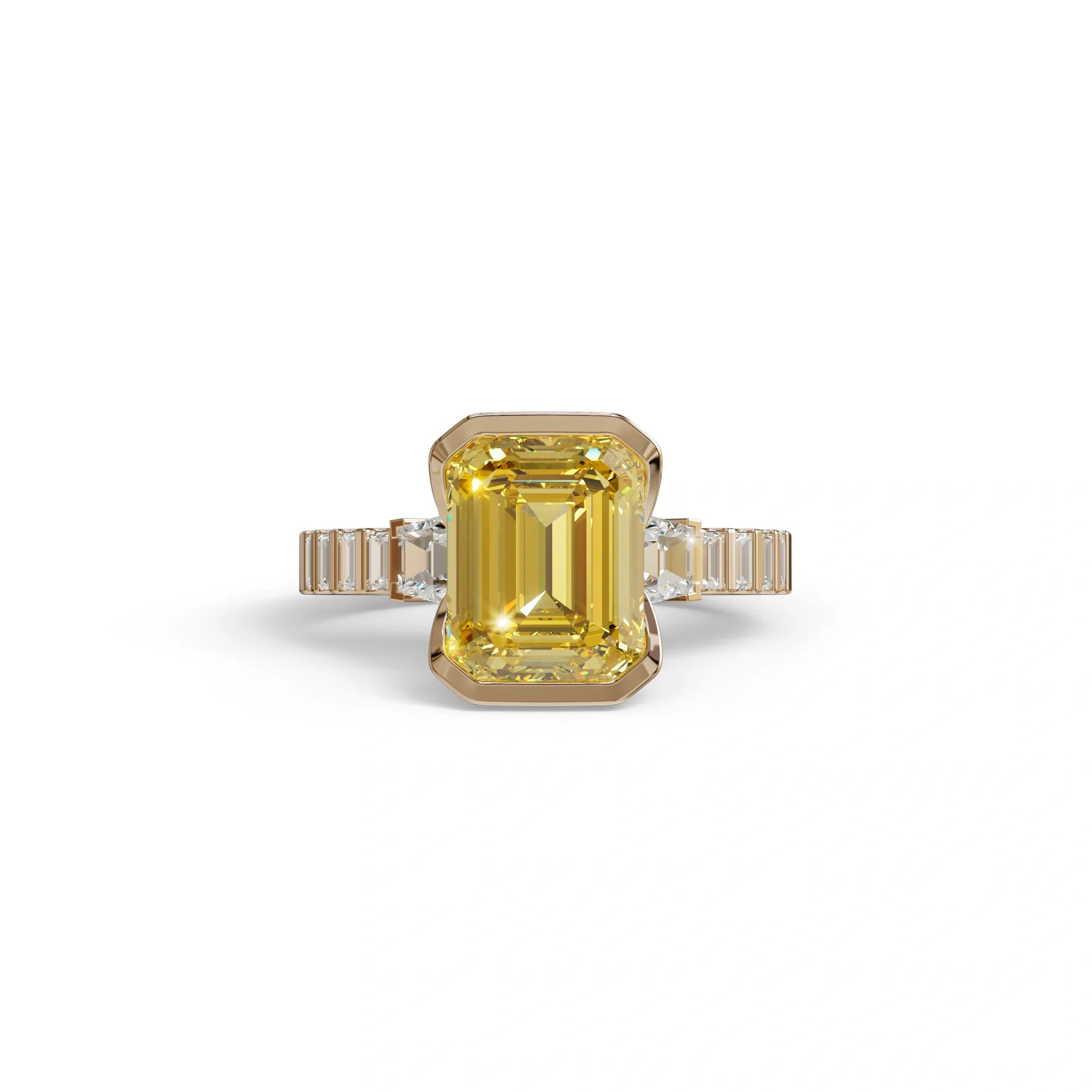 3 Carat Yellow Emerald Cut Three Stone Lab Diamond Engagement Ring - Gatsby - 10K Solid Gold / Rose Gold