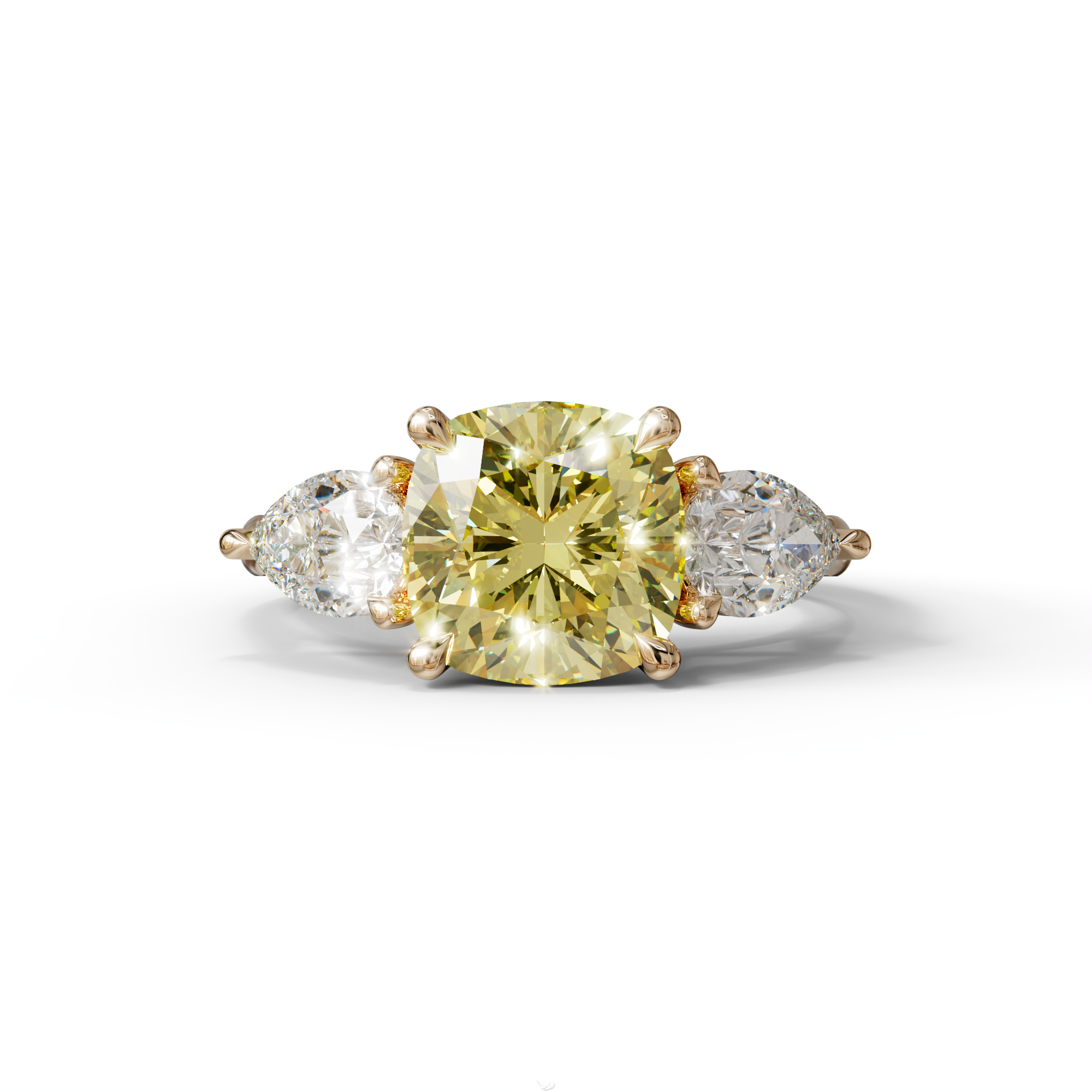 3 Ct Yellow Cushion Cut Lab Diamond In 3 Stones Claw Prongs Setting Ring - 10K Solid Gold / Rose Gold