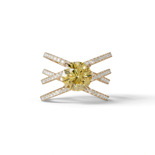 1.5 Carat Yellow Round Cut Criss Cross Lab Diamond Ring - Elegant - 10K Solid Gold / Rose Gold