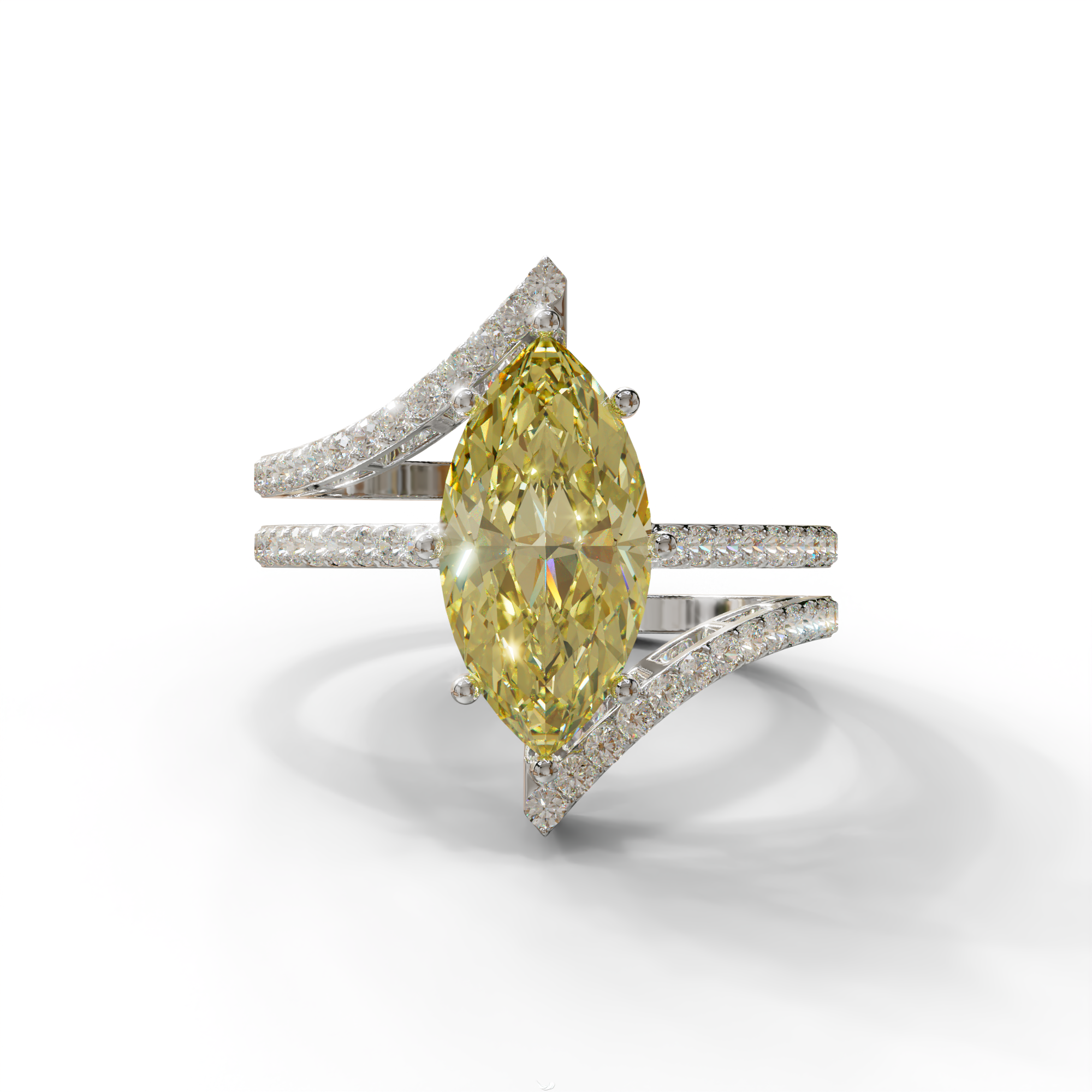 3 Carat Marquise Cut Yellow Lab Diamond Ring with Double Pave Setting - 10K Solid Gold / White Gold