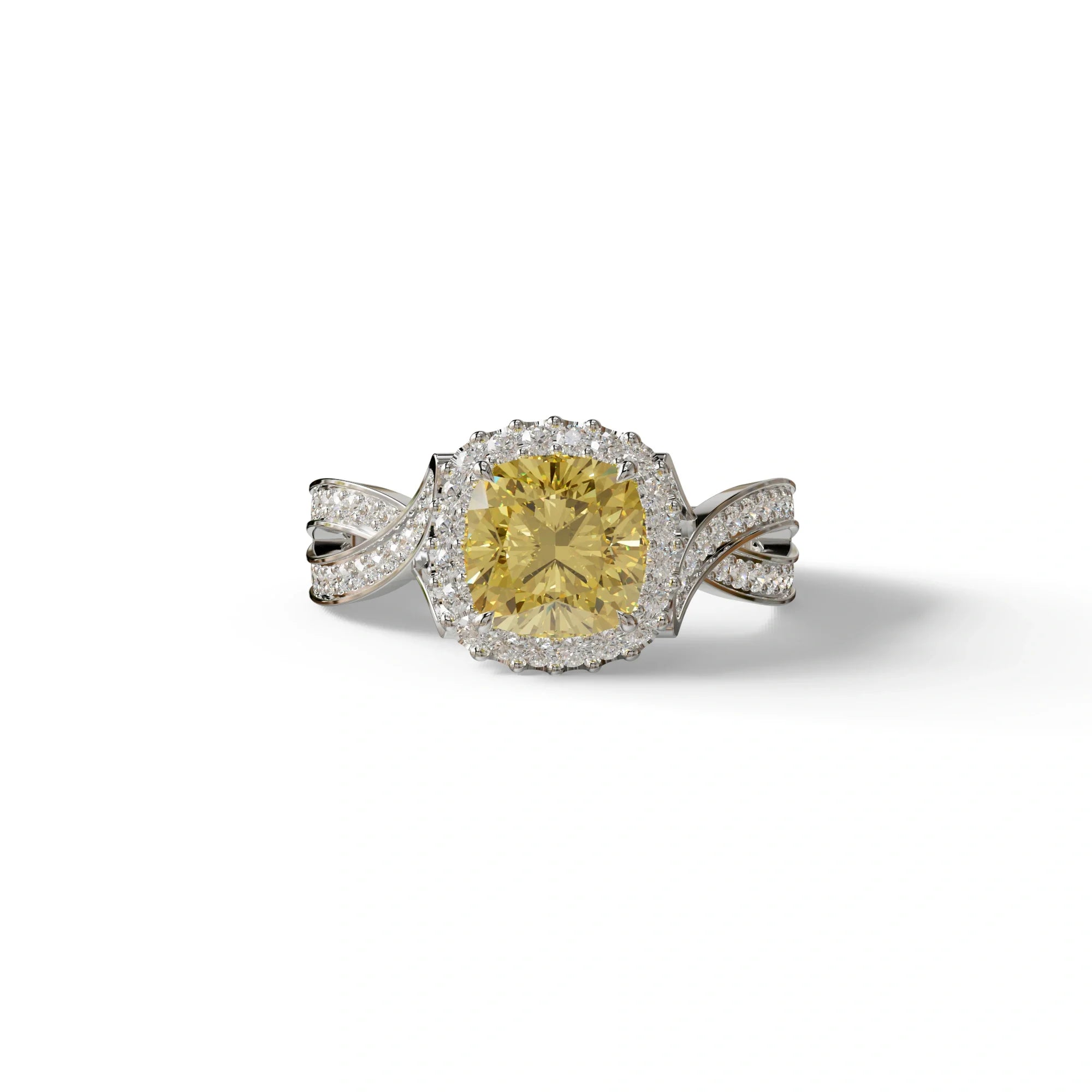 3 Carat Yellow Cushion Cut Lab Grown Halo Diamond Engagement Ring - Odessa - 10K Solid Gold / White Gold