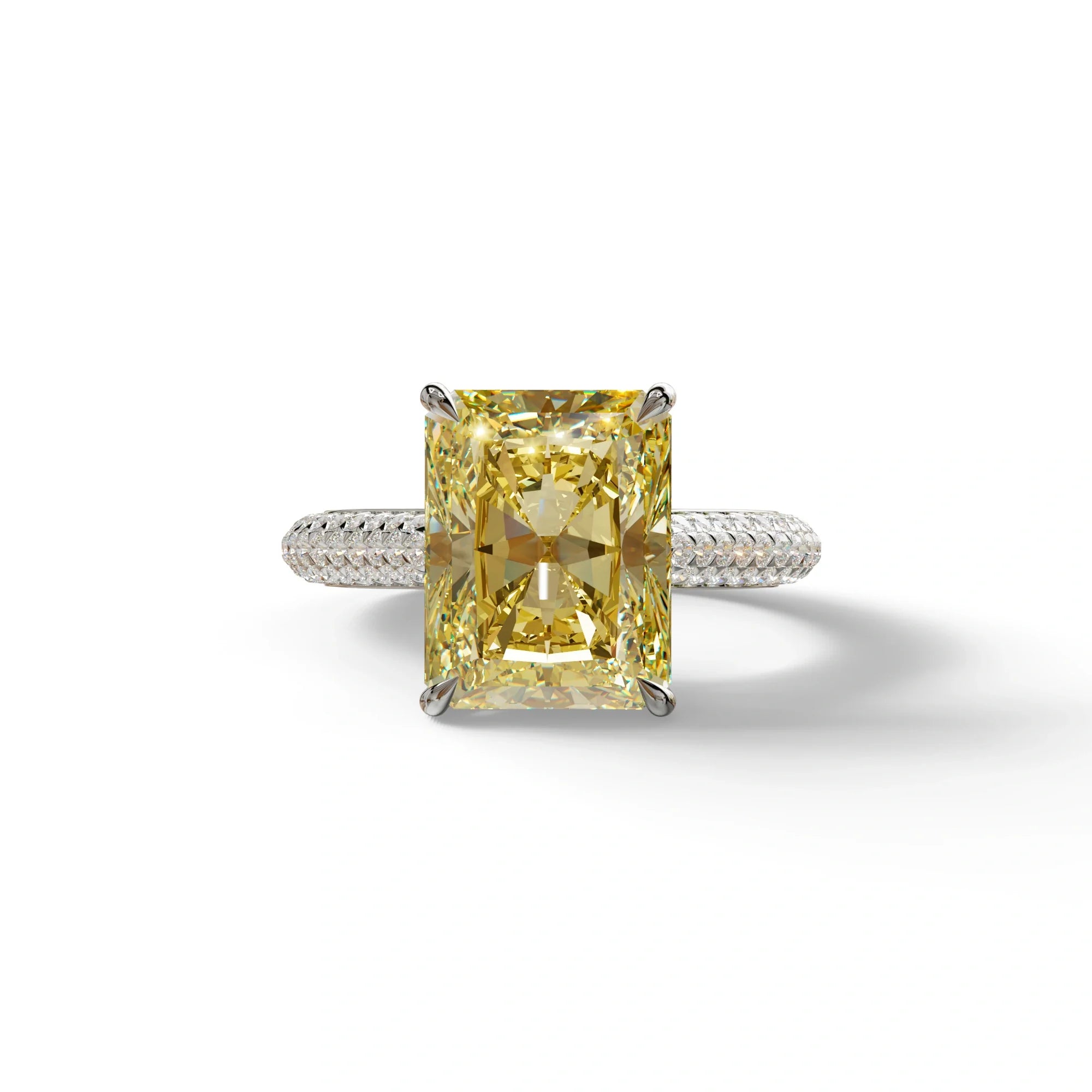 3 Carat Yellow Radiant Cut Hidden Halo & Pave Set Lab Diamond Ring - Riviera - 10K Solid Gold / White Gold