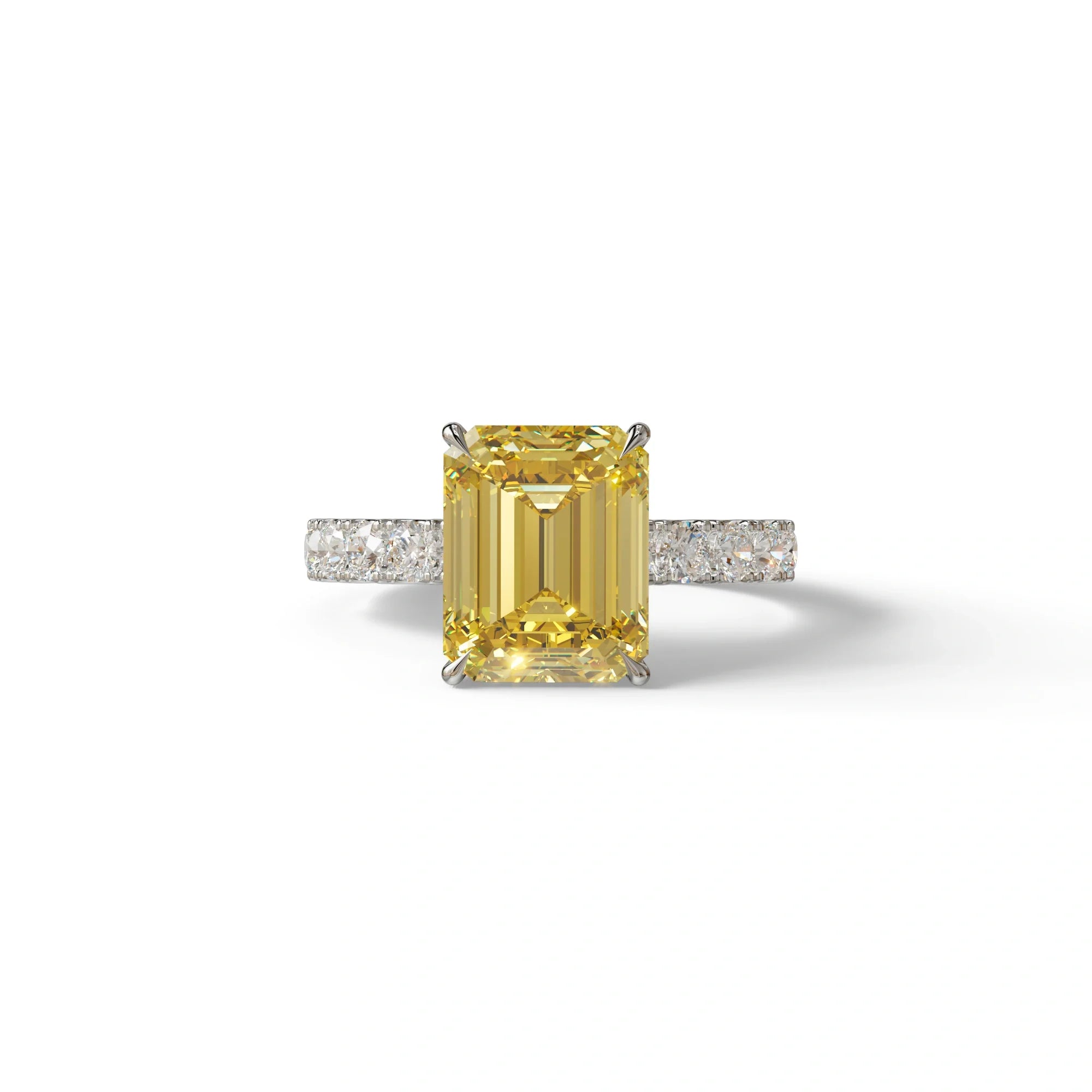 3 Carat Yellow Emerald Cut Hidden Halo Lab Diamond Engagement Ring - Luminary - 10K Solid Gold / White Gold