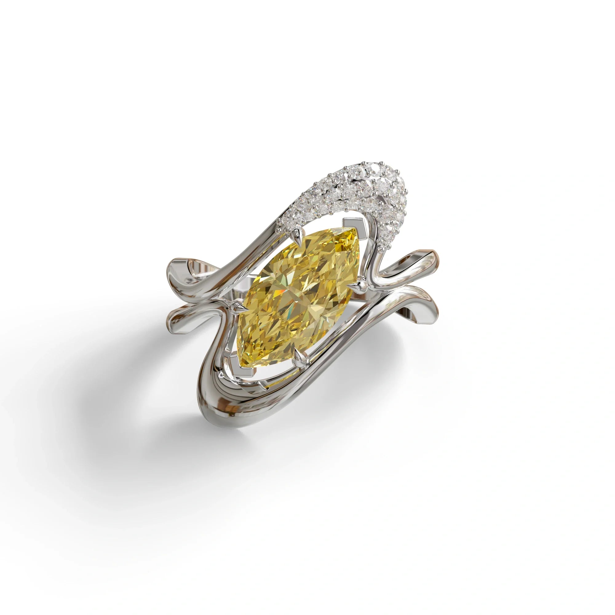 3 Carat Marquise Cut Yellow Lab Grown Diamond Ring - Myka - 10K Solid Gold / White Gold