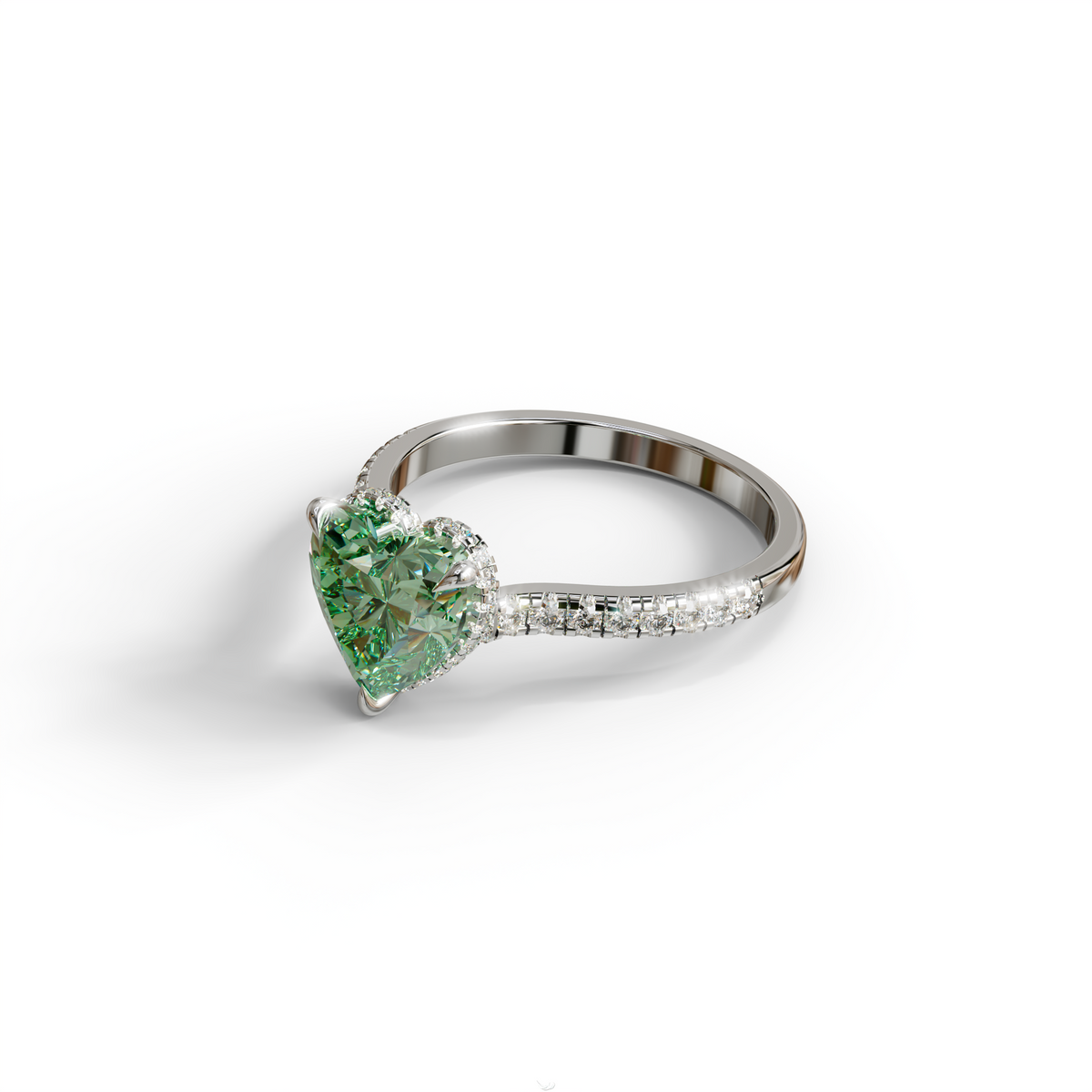 Fancy Vivid Green Heart Cut Lab Diamond Ring – Pavé Band | 10K 14K 18K Gold & Platinum
