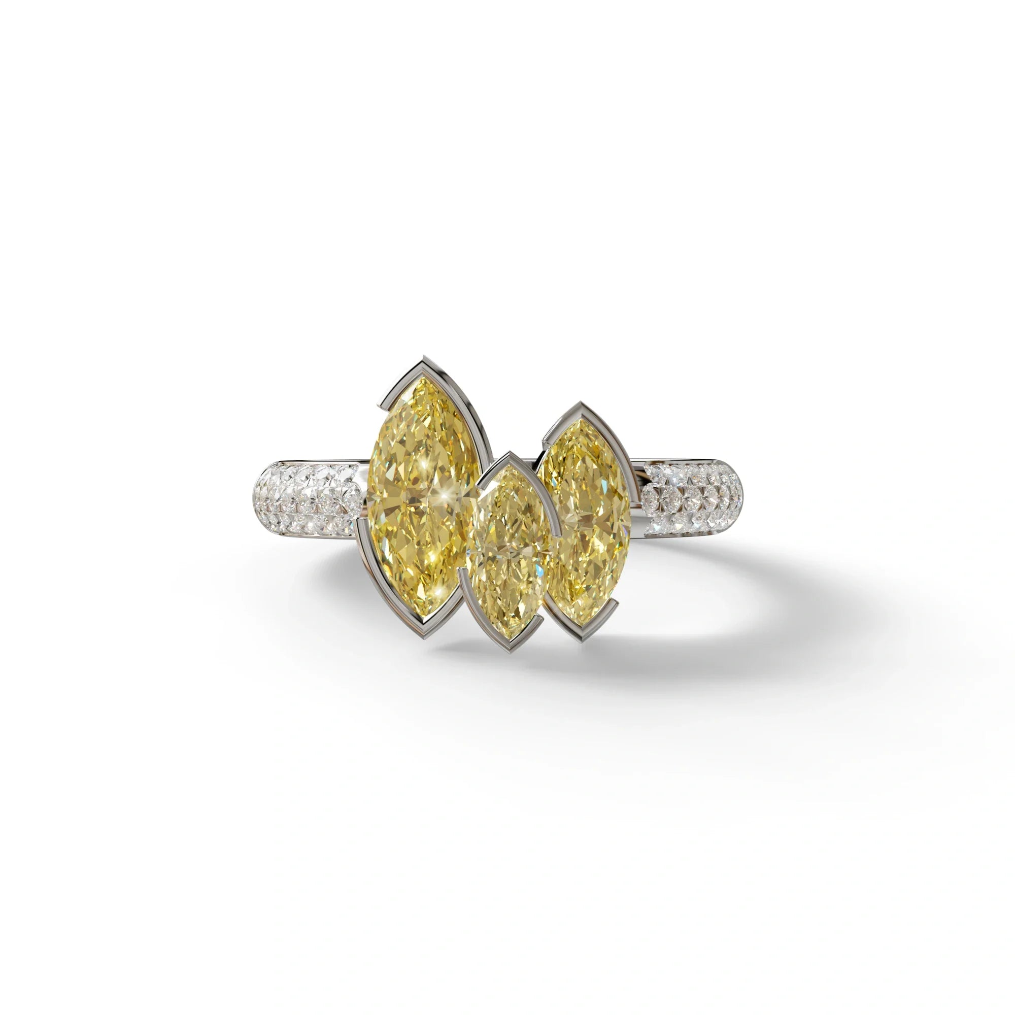3 Stone 1.75 Ct Yellow Marquise Cut Pave Setting Lab Diamond Ring - Dutch - 10K Solid Gold / White Gold