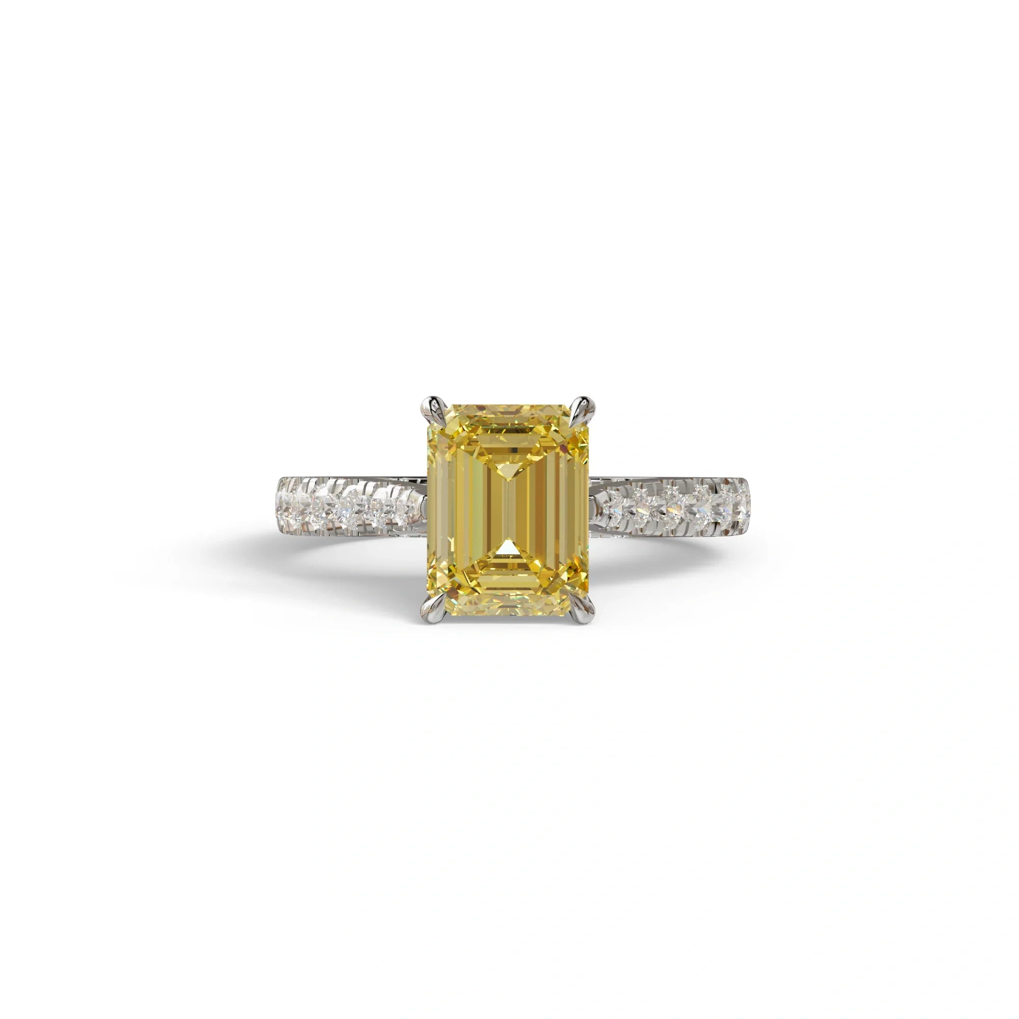 2 Carat Yellow Emerald Cut Hidden Halo & Pave Lab Diamond Ring - Siara - 10K Solid Gold / White Gold