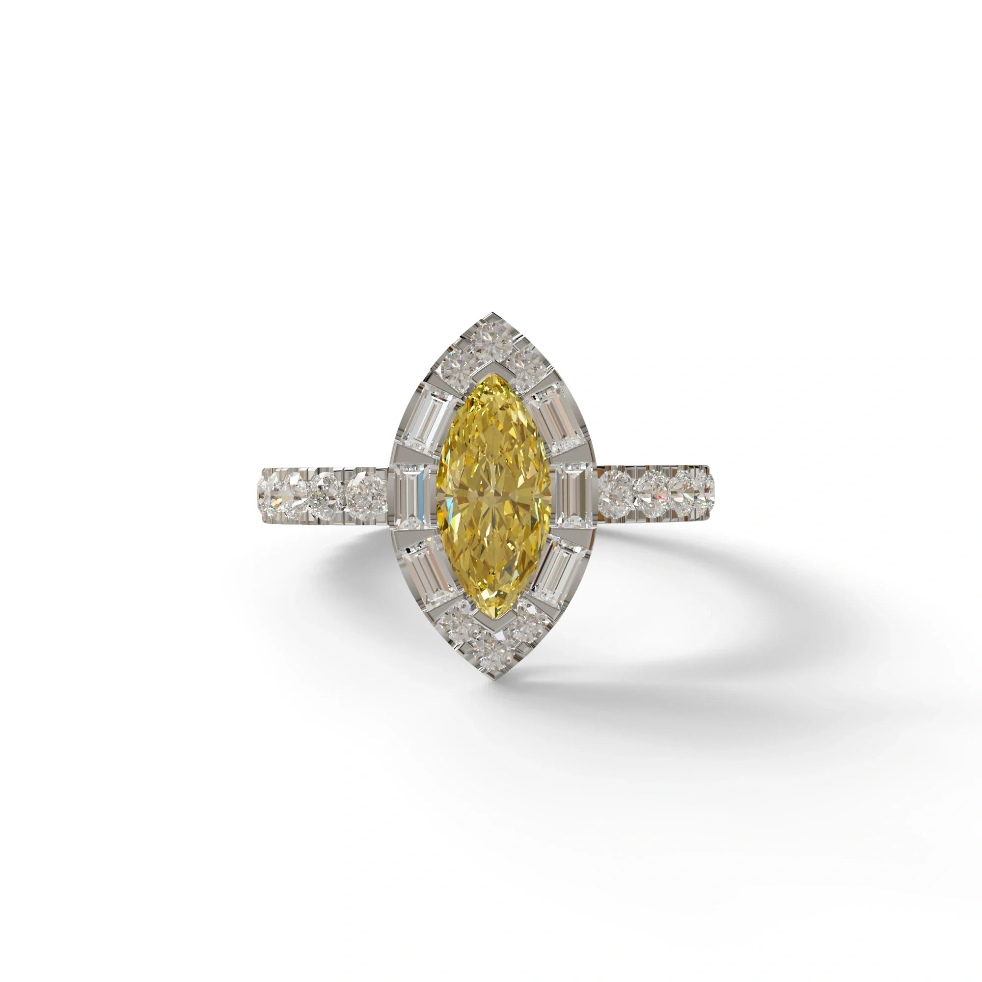 1 Carat Yellow Marquise Halo Pave Lab Grown Diamond Ring - Luxe - 10K Solid Gold / White Gold