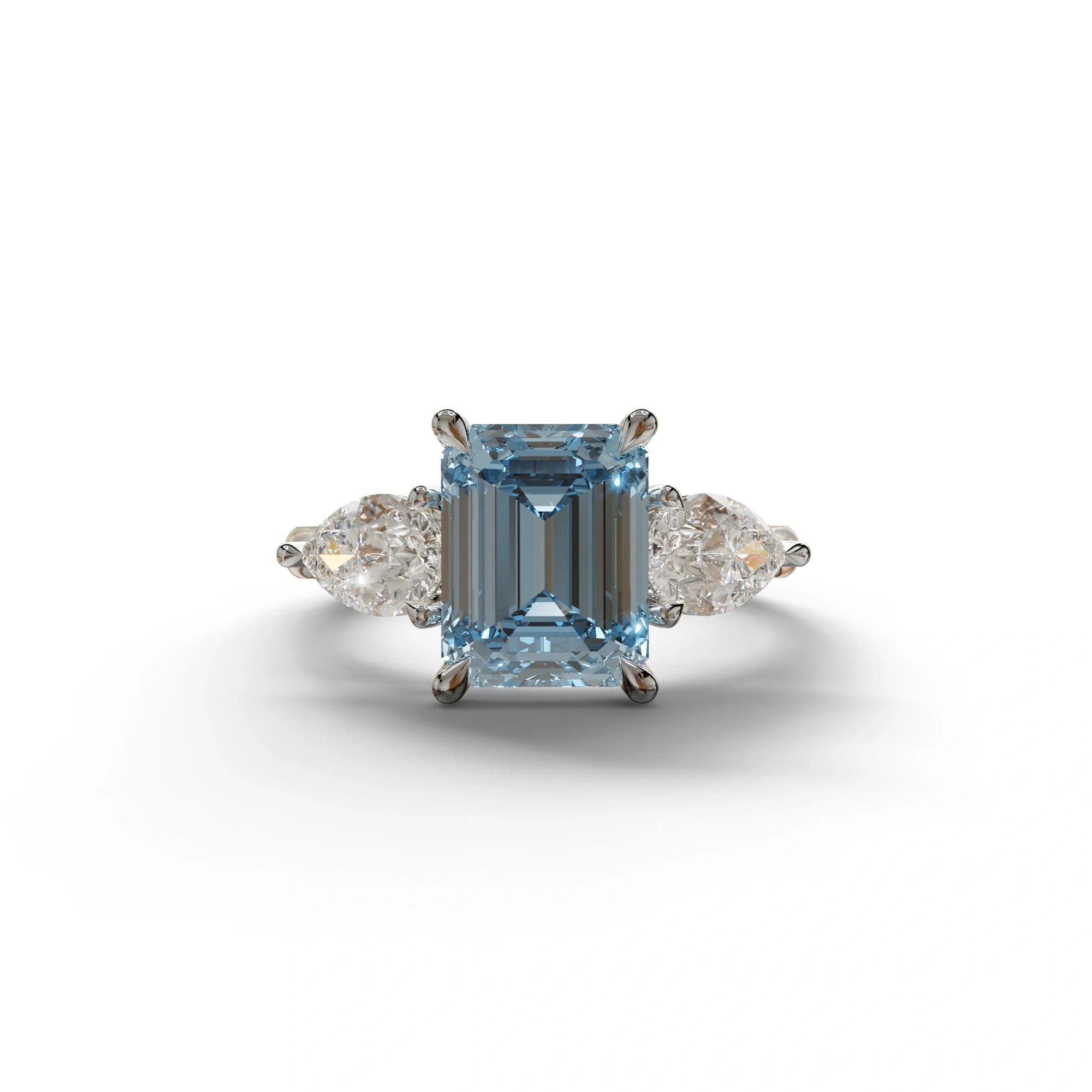 4 Carat Fancy Blue Emerald & Pear Cut Three Stone Lab Grown Diamond Engagement Ring - 10K Solid Gold / White Gold