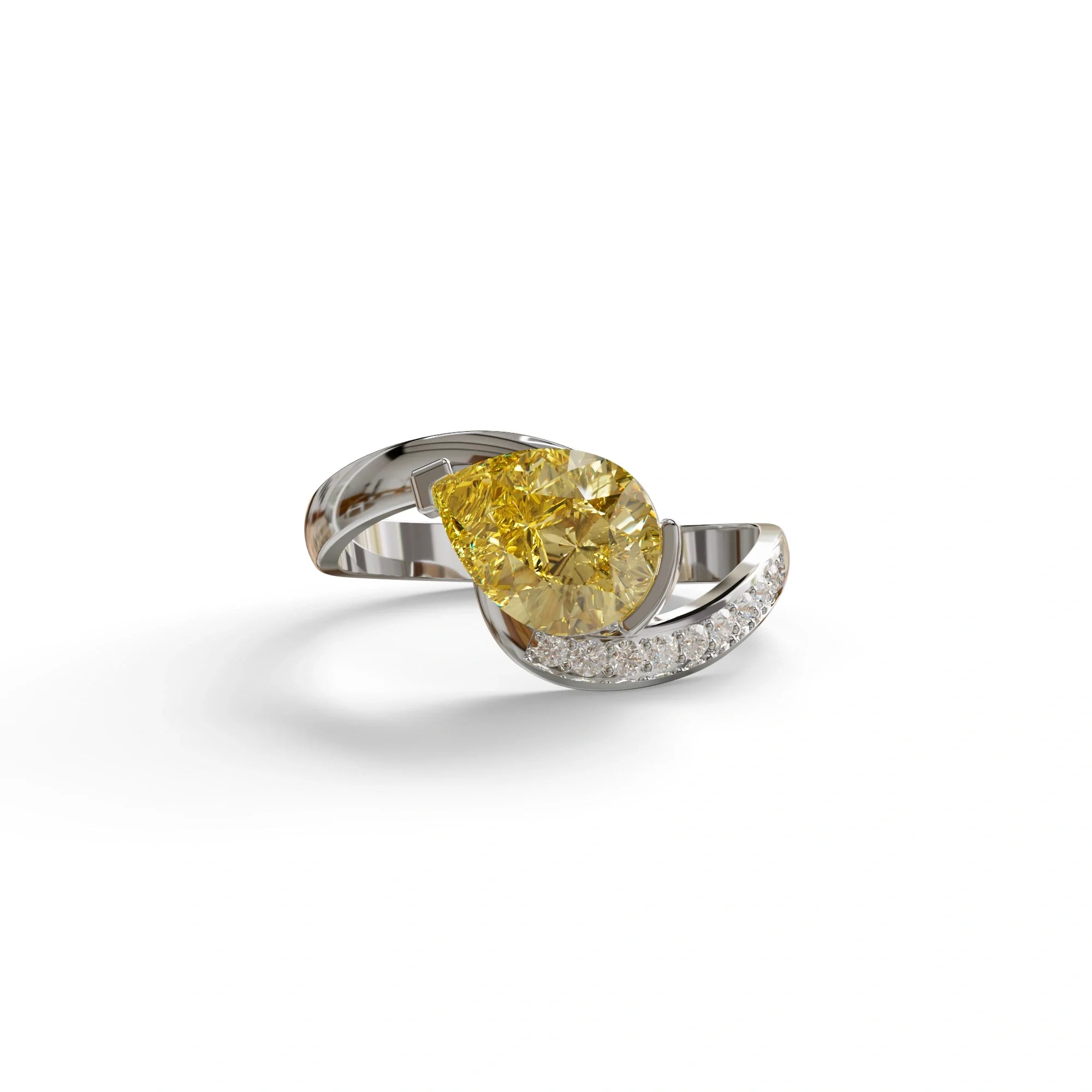 1 Carat Yellow Pear Cut Unique Lab Grown Diamond Ring - Capricorn - 10K Solid Gold / White Gold