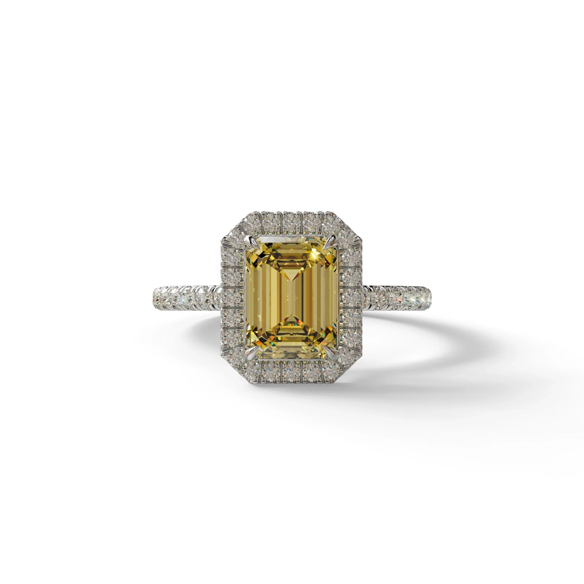 Yellow Emerald Cut Halo & Pave Lab Grown Diamond Engagement Ring - Viola - 2 Carat / 10K Solid Gold / White Gold