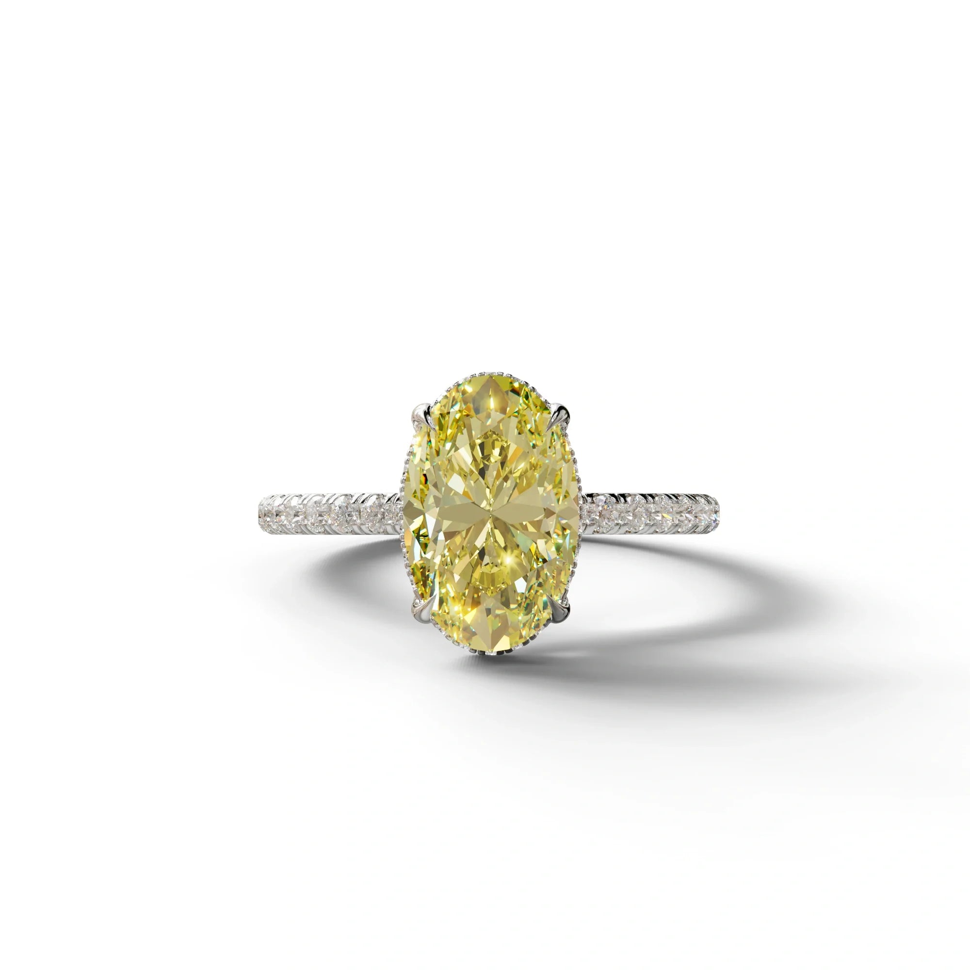 3 Carat Yellow Oval Cut Hidden Halo & Pave Setting Lab Grown Diamond Ring - 10K Solid Gold / White Gold