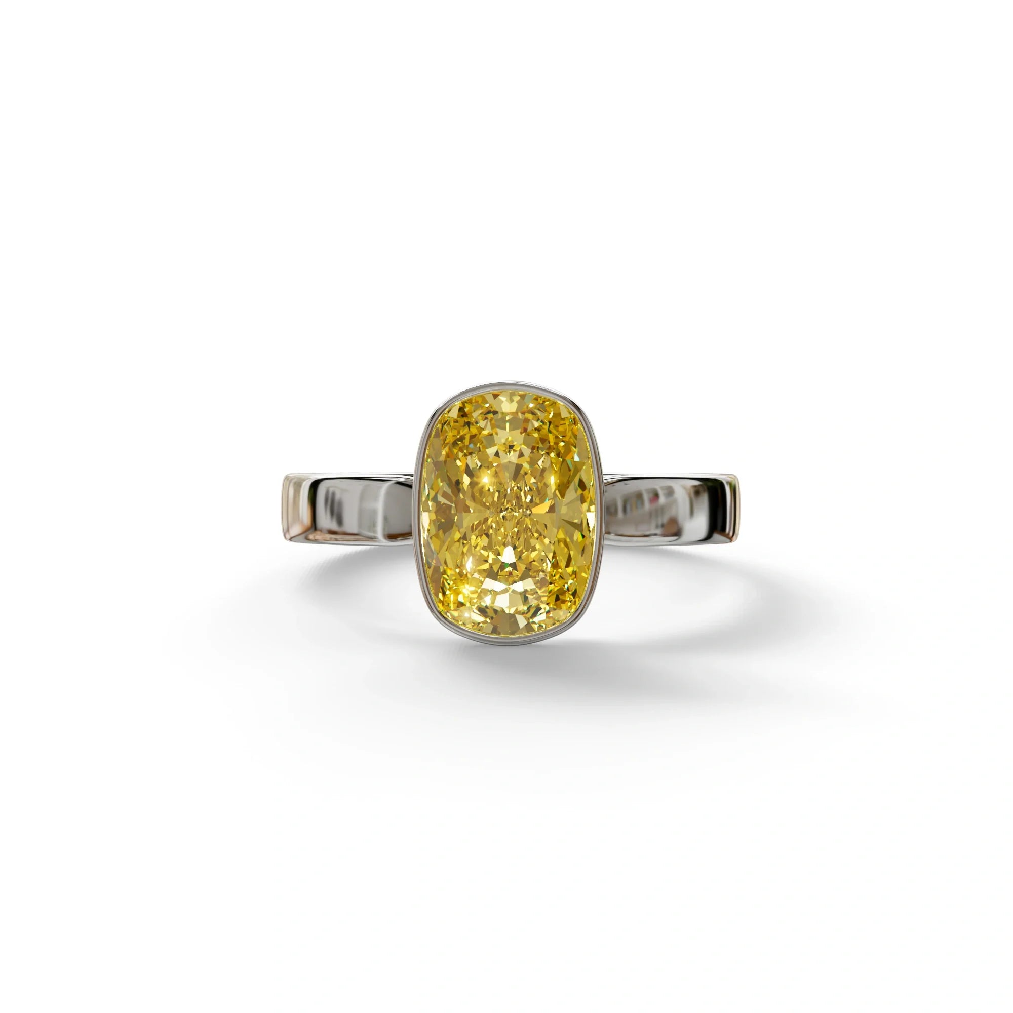 3 Carat Yellow Elongated Cushion Cut Bezel Set Engagement Ring - Astrae - 10K Solid Gold / White Gold