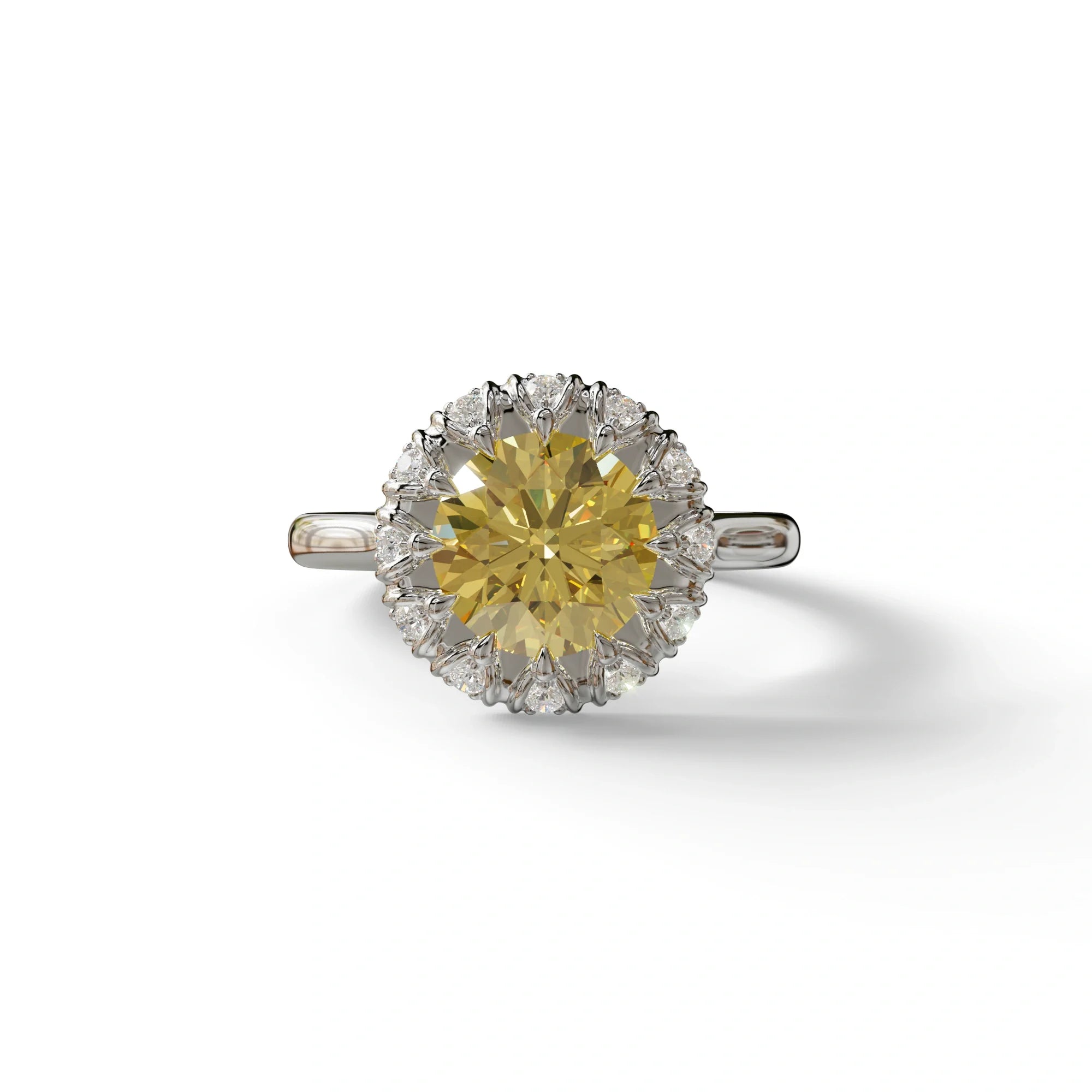3 Carat Yellow Round Shaped Halo Lab Diamond Ring - Sunflower - 10K Solid Gold / White Gold