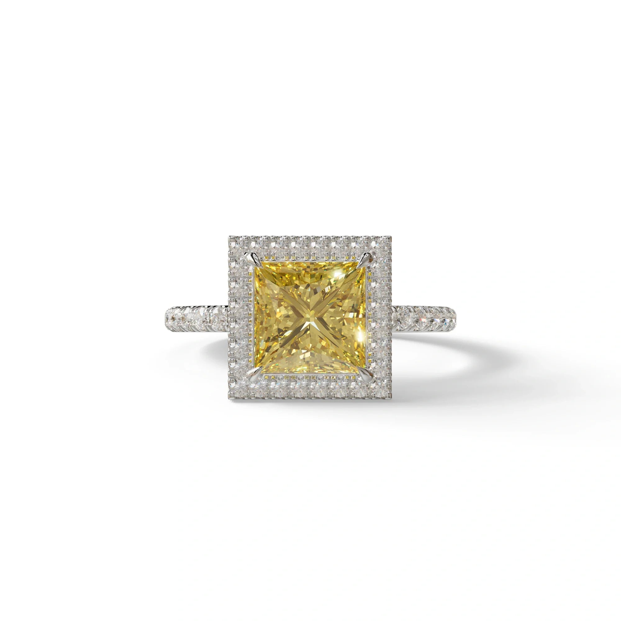 2 Carat Yellow Princess Cut Halo & Pave Lab Diamond Ring - Diamond Prime - 10K Solid Gold / White Gold
