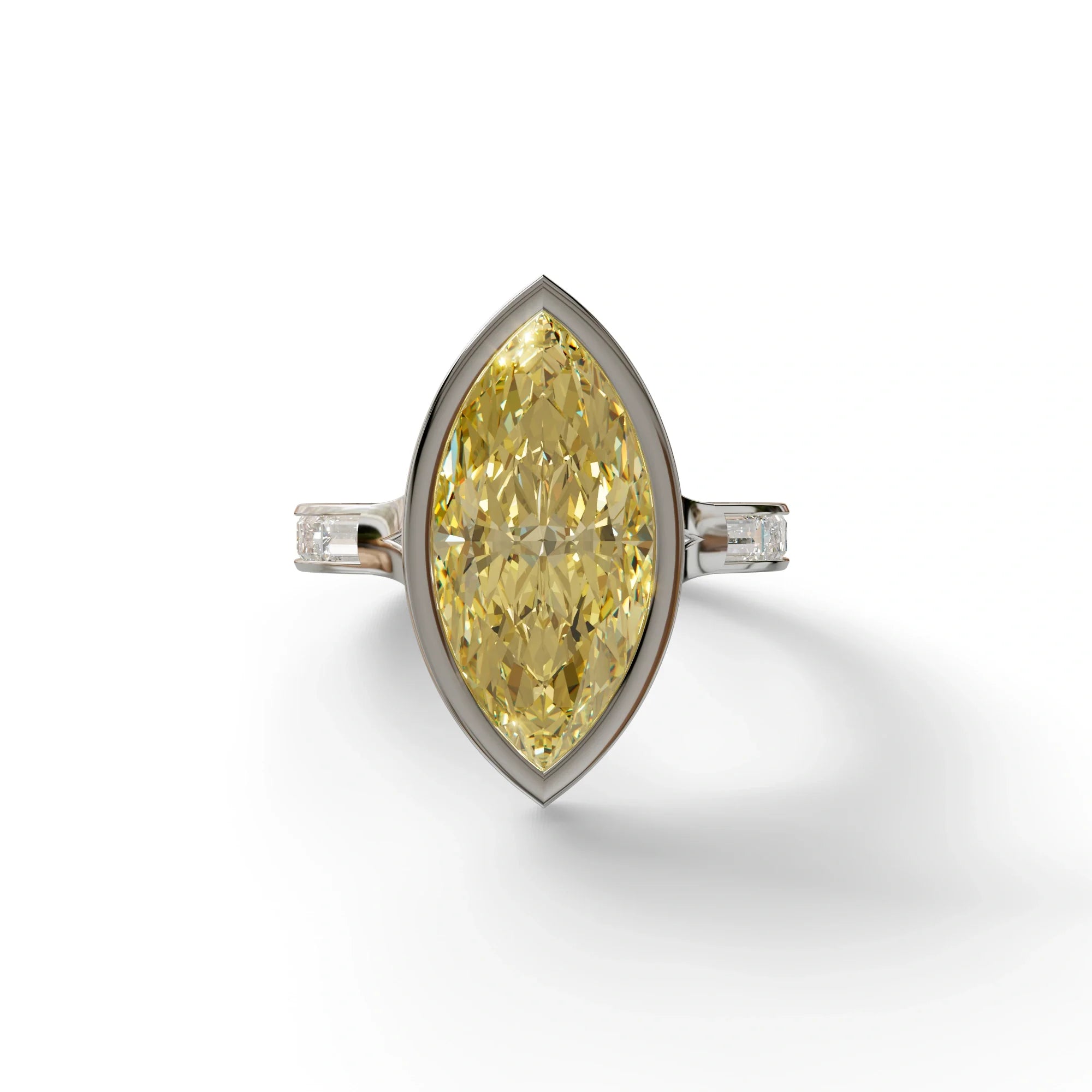 3 Ct Marquise Cut Yellow Color Lab Diamond Ring With Bezel Set - Kayla - 10K Solid Gold / White Gold