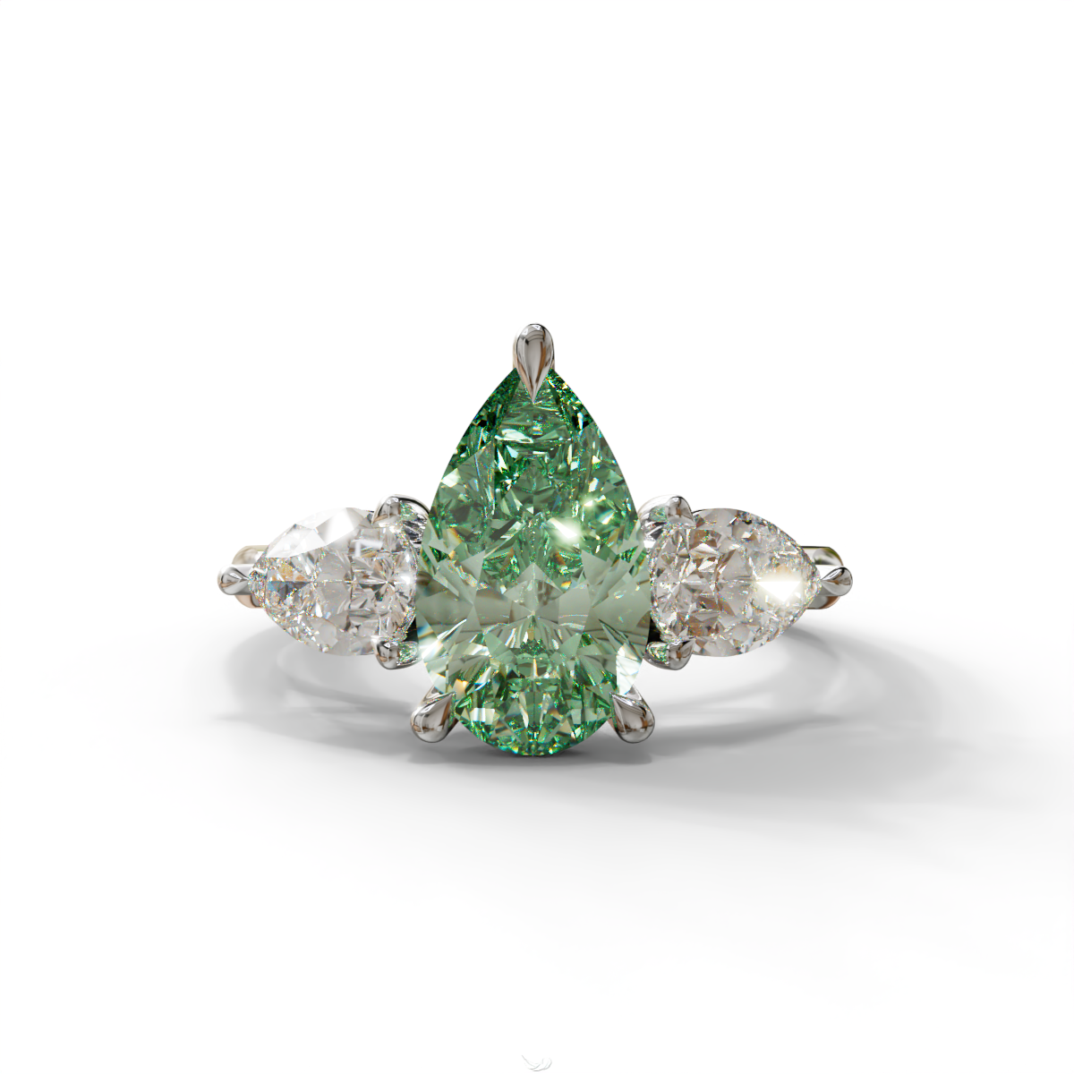 4 Carat Fancy Green Pear Cut Three Stone Lab Grown Diamond Engagement Ring - 10K Solid Gold / White Gold