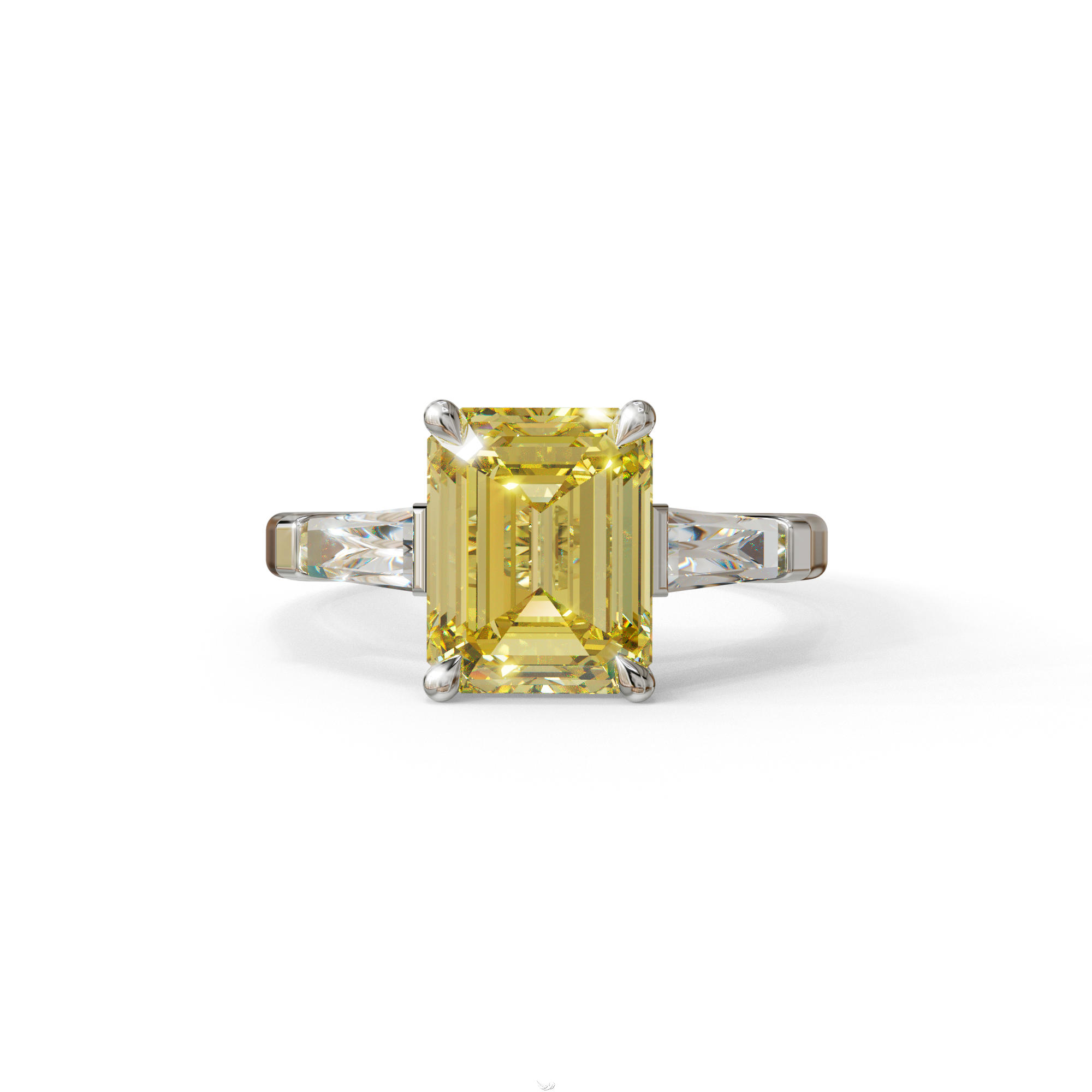3 Carat Yellow Emerald & Tapered Baguette diamond ring - 10K Solid Gold / White Gold