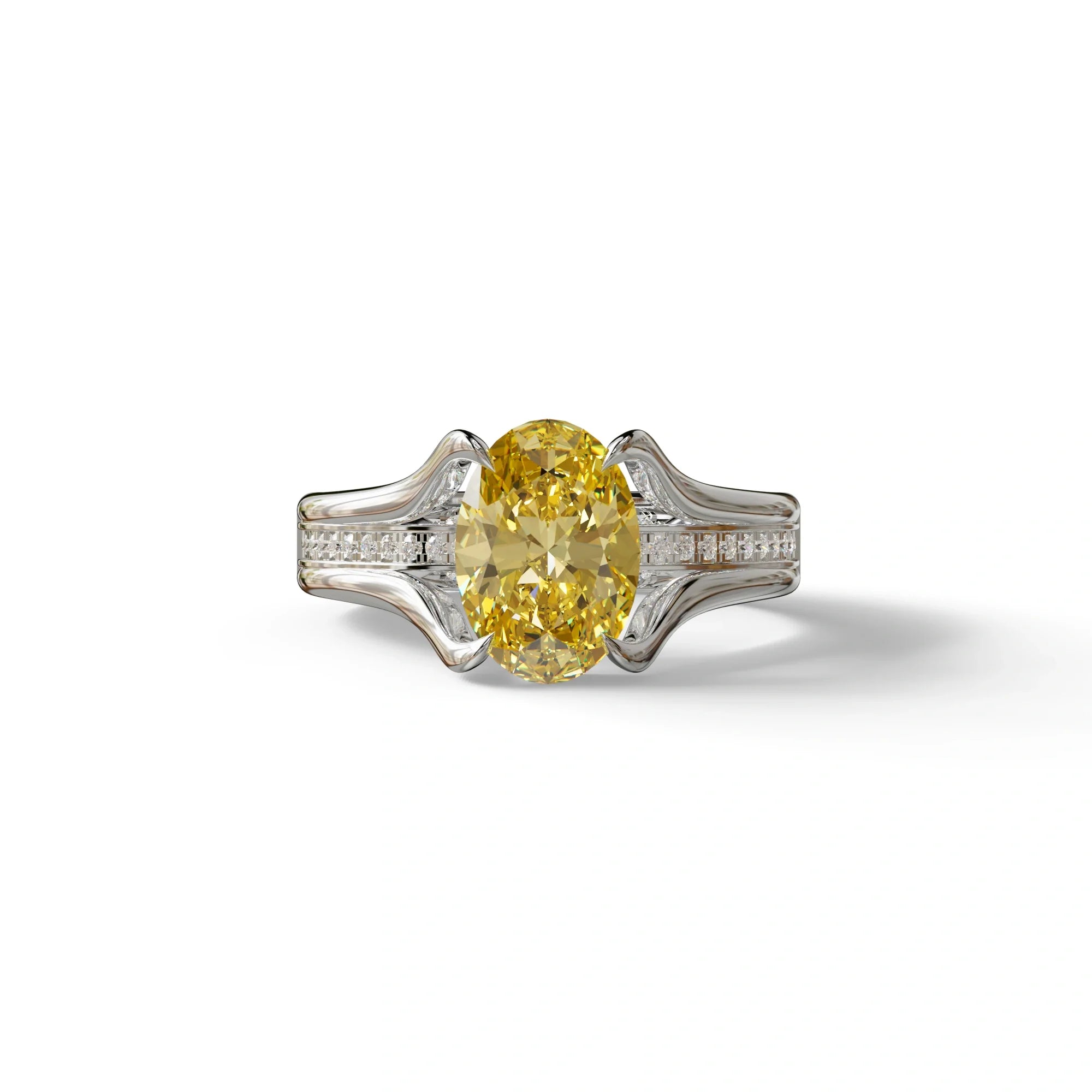3 Carat Fancy Vivid Yellow Oval Cut Lab-Grown Diamond Engagement Ring – Beverly - 10K Solid Gold / White Gold