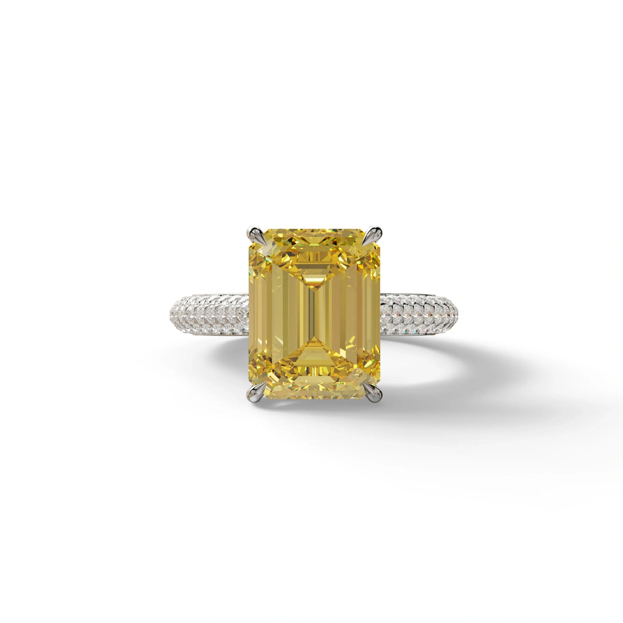 3 Carat Yellow Emerald Cut Hidden Halo & Pave Set Lab Diamond Ring - Emme - 10K Solid Gold / White Gold