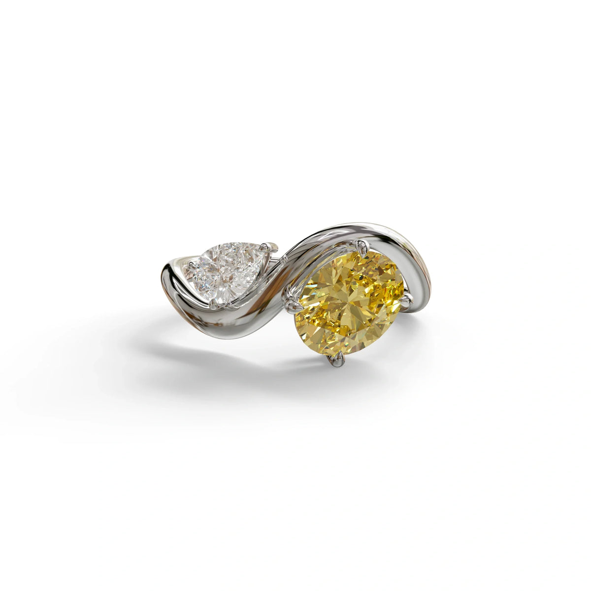 3 Carat Yellow Oval and Pear Cut Lab Diamond Engagement Ring - Toi Et Moi - 10K Solid Gold / White Gold