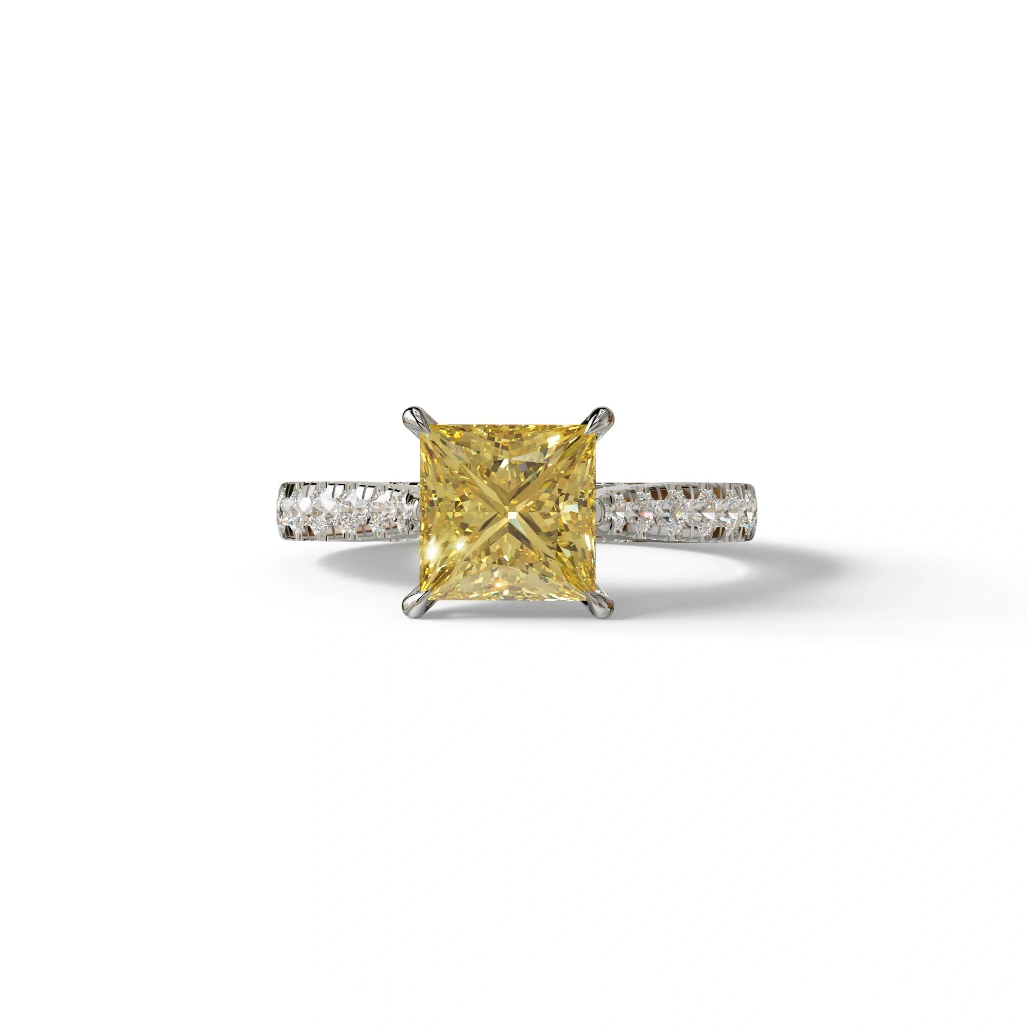 2.5 Carat Yellow Princess Cut Hidden Halo & Pave Lab Diamond Ring - Aries - 10K Solid Gold / White Gold