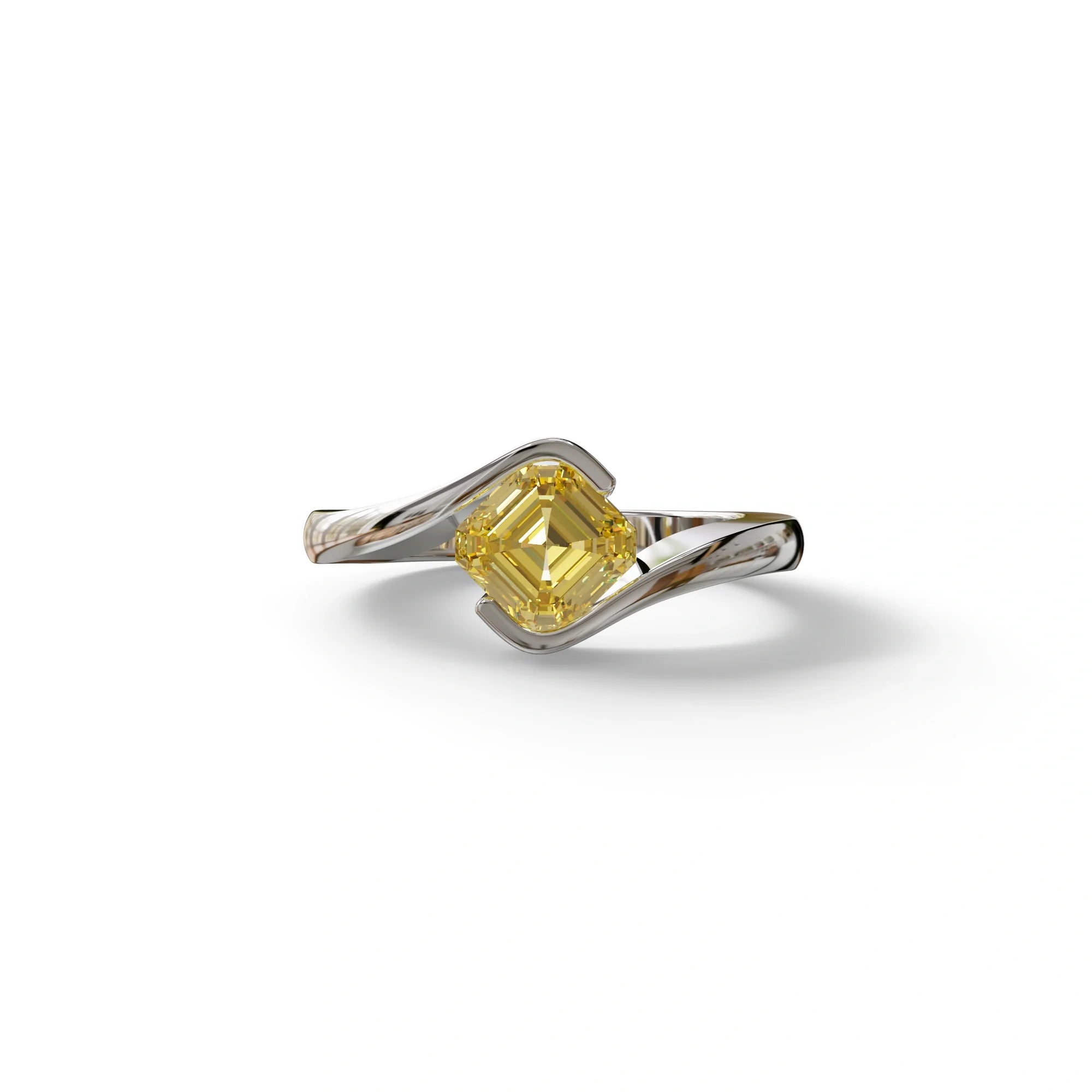 1.5 Carat Yellow Asscher Cut Half Bezel Lab Grown Diamond Ring - Aquarius - 10K Solid Gold / White Gold