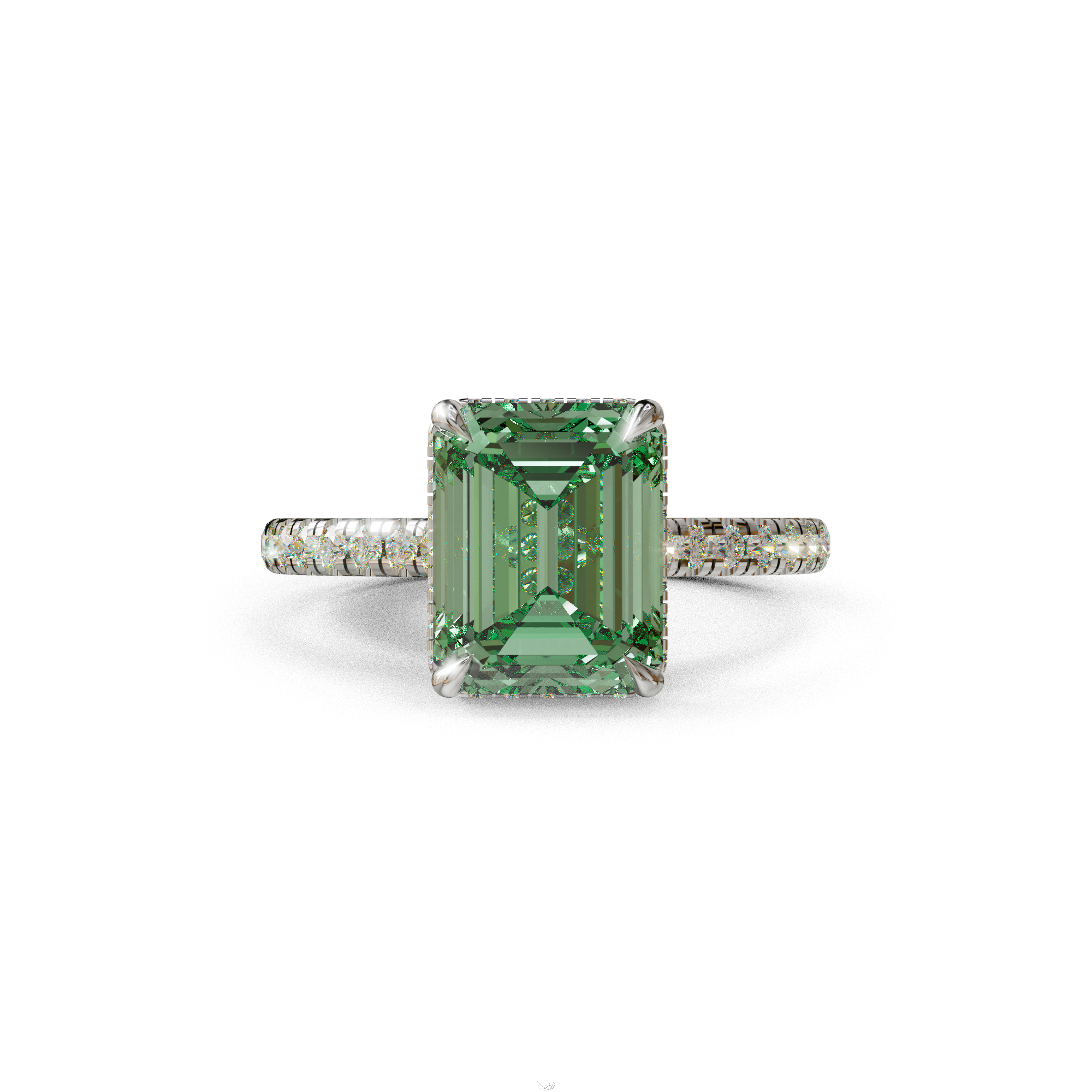 2.5 Ct Green Emerald Cut Lab Diamond In Hidden Halo & Pave Setting Ring - Siena - 10K Solid Gold / White Gold
