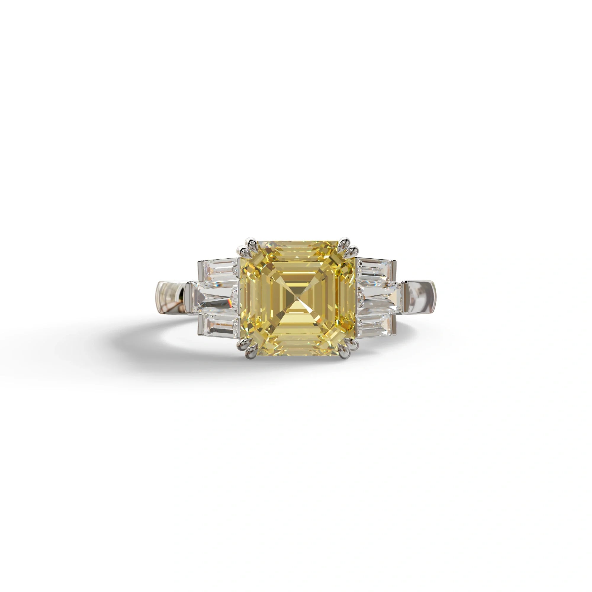 3 Ct Yellow Asscher Cut Lab Diamond Double Claw Prong Setting Ring -Celestial - 10K Solid Gold / White Gold