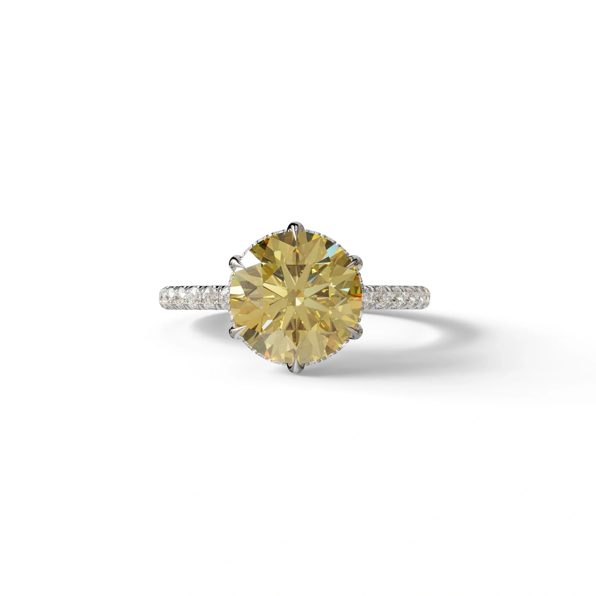 2.5 Carat Yellow Round Cut Hidden Halo & Pave Lab Diamond Ring - Hyper Saga - 10K Solid Gold / White Gold