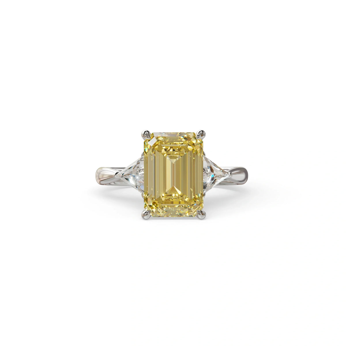 3Ct Fancy Intense Yellow Emerald Cut Lab Grown Diamond Three Stone Engagement Ring - Polaris - 10K Solid Gold / White