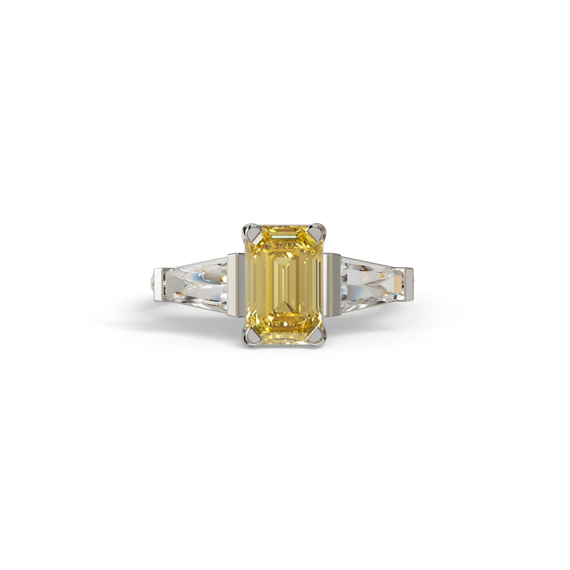 1.50 Carat Yellow Emerald with Tapered Cut Lab Grown Diamond Ring - Libra - 10K Solid Gold / White Gold