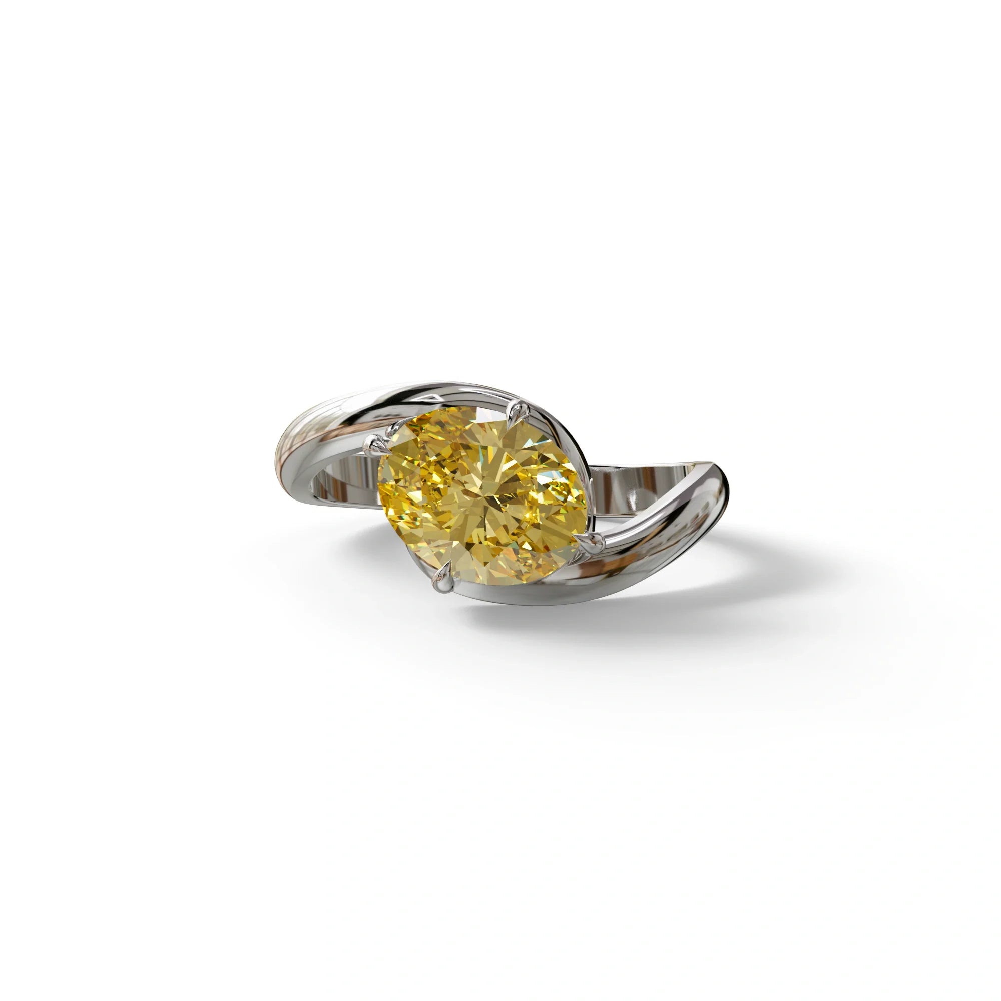 2 Carat Fancy Vivid Yellow Oval Cut Lab Diamond Ring - Estella - 10K Solid Gold / White Gold
