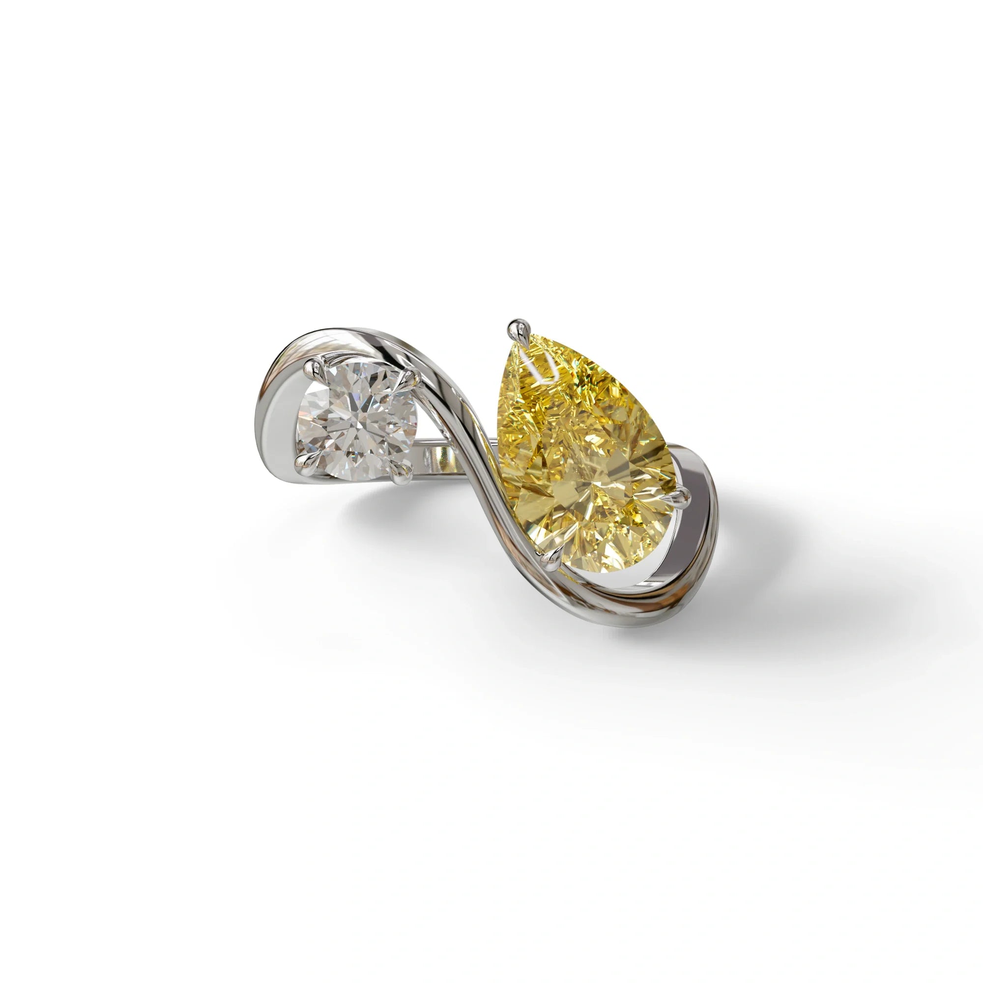 2.8 Carat Yellow Pear and Round Cut Lab Diamond Engagement Ring - Toi Et Moi - 10K Solid Gold / White Gold