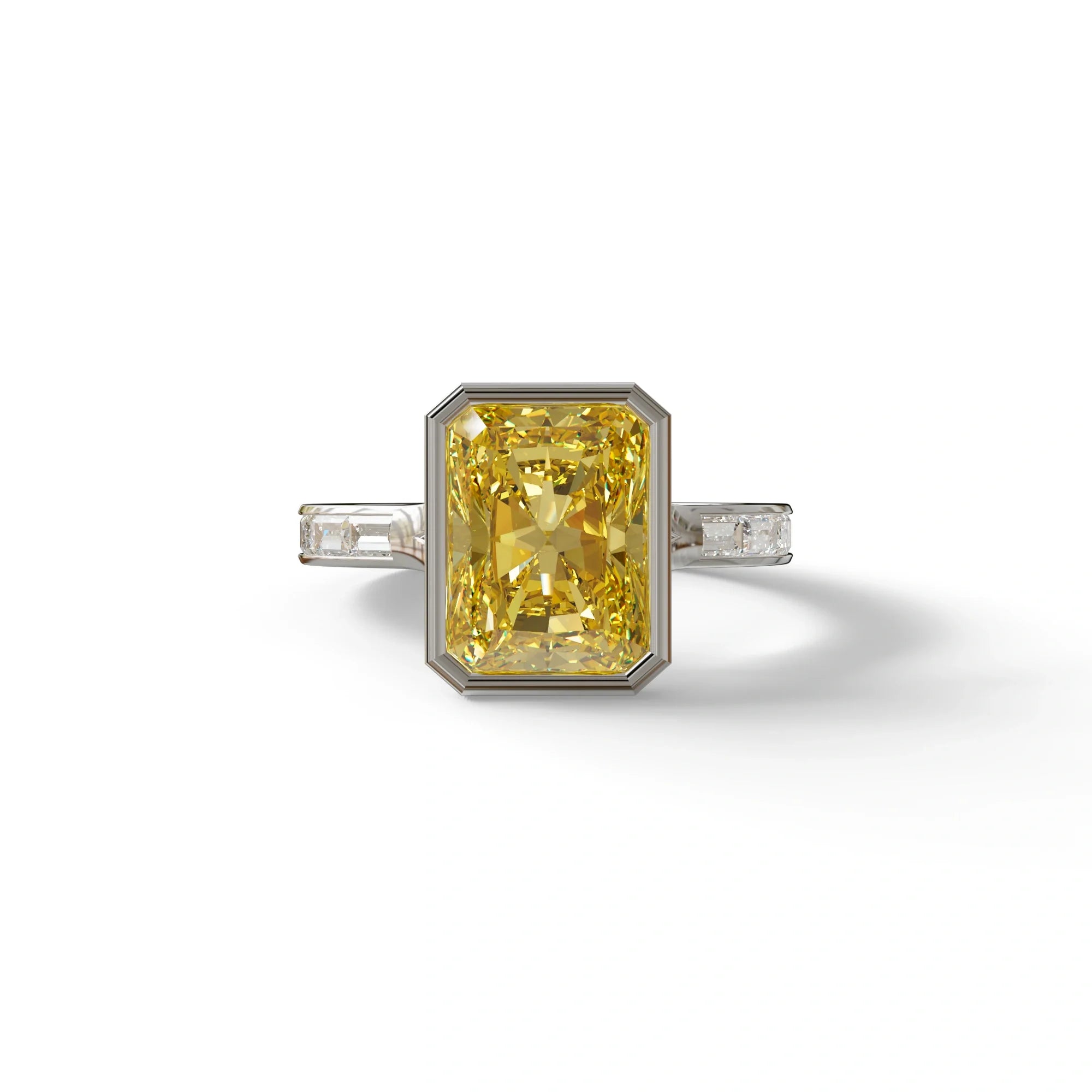 3 Ct Radiant Cut Yellow Color Lab Diamond Ring With Bezel Set - Olymipia - 10K Solid Gold / White Gold