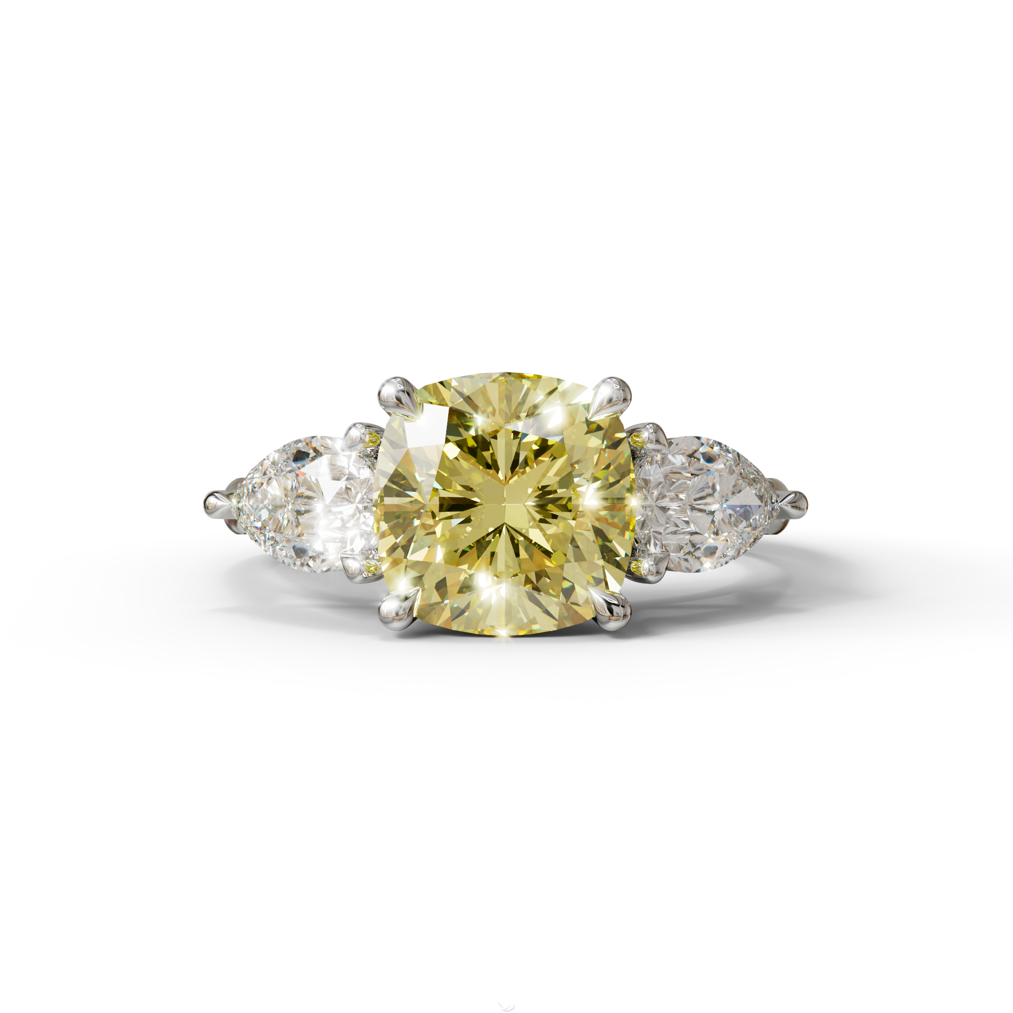3 Ct Yellow Cushion Cut Lab Diamond In 3 Stones Claw Prongs Setting Ring - 10K Solid Gold / White Gold