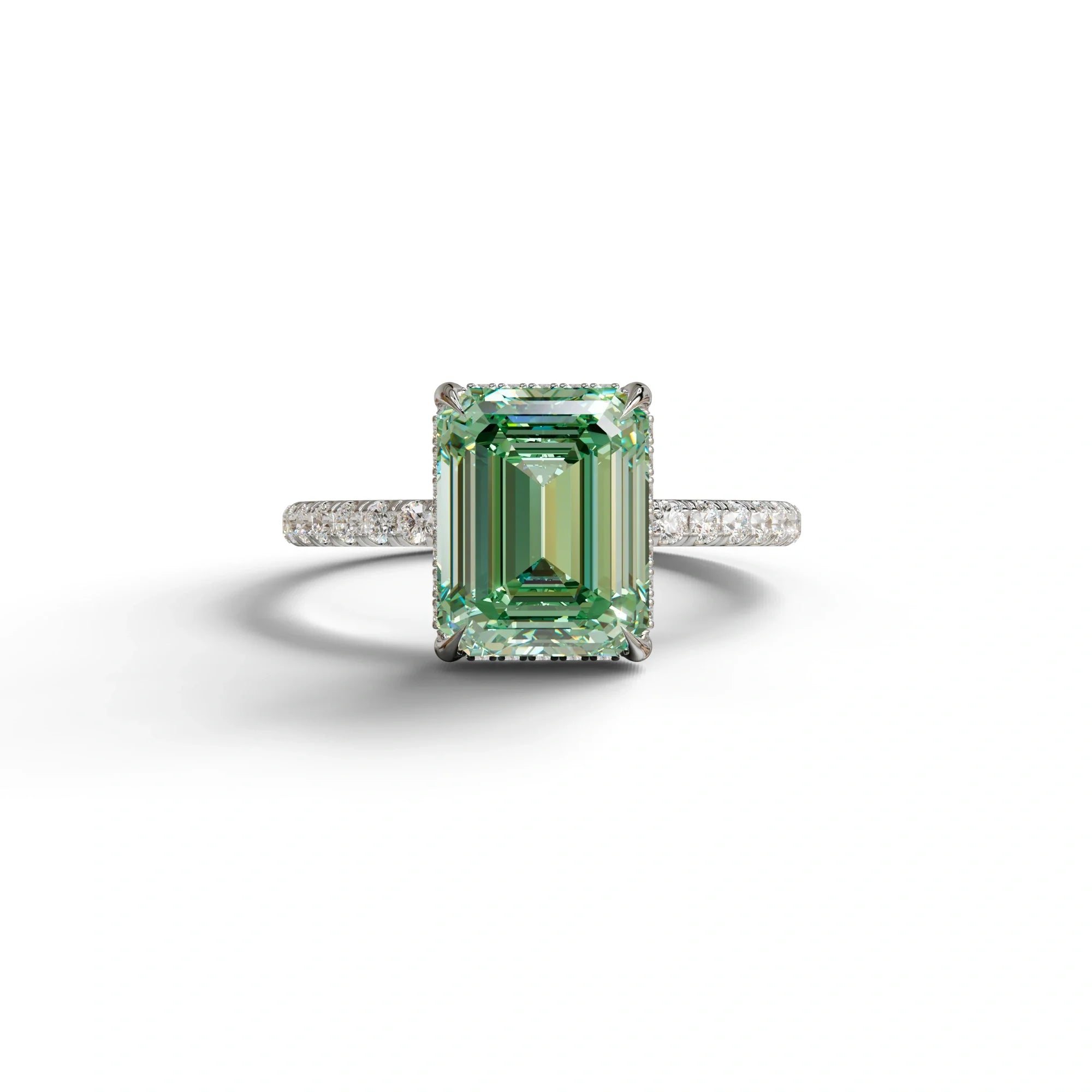 3 Carat Green Emerald Cut Lab Diamond In Hidden Halo & Pave Setting Ring - 10K Solid Gold / White Gold