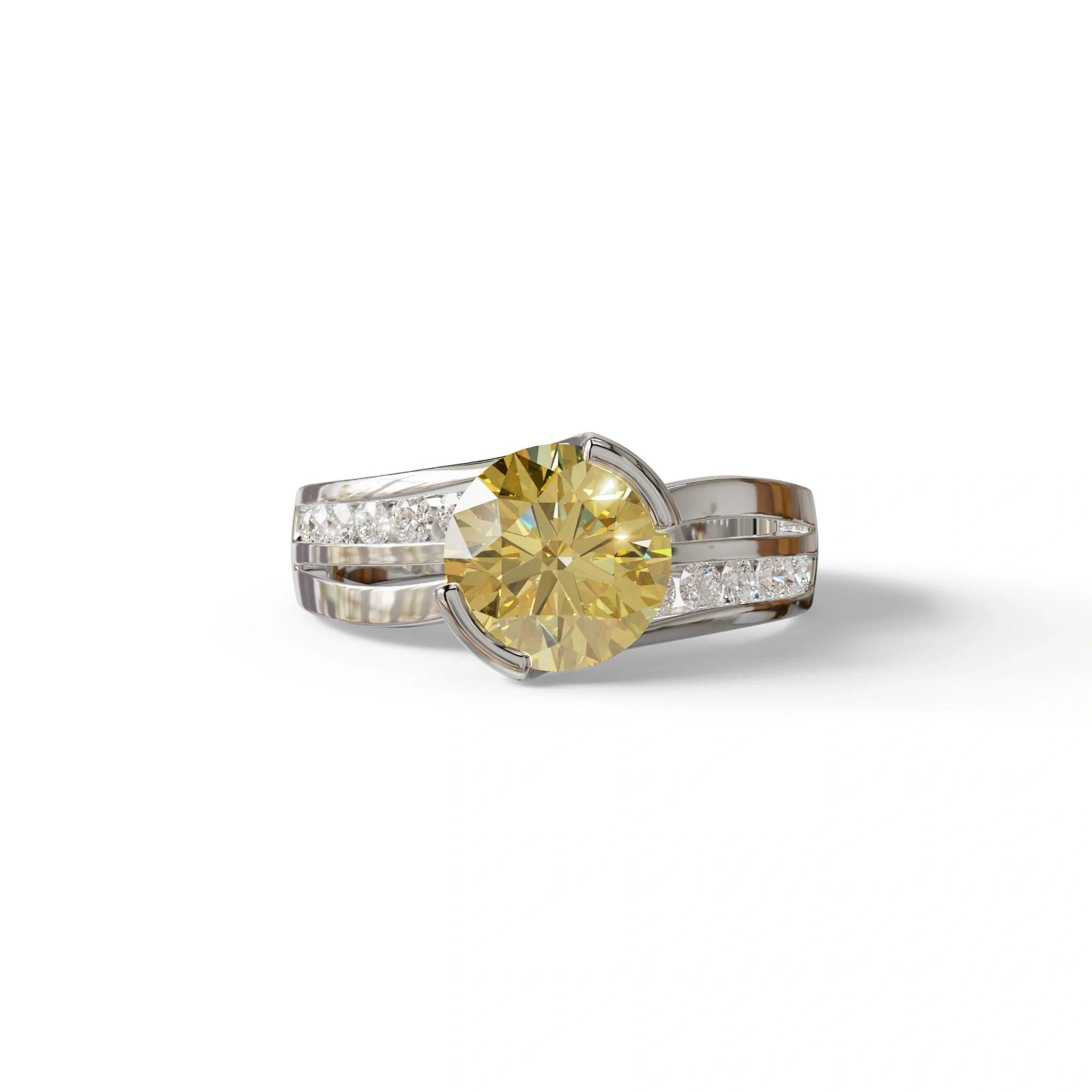 2 Carat Yellow Round Shaped Channel Set Lab Diamond Engagement Ring - Avonlea - 10K Solid Gold / White Gold