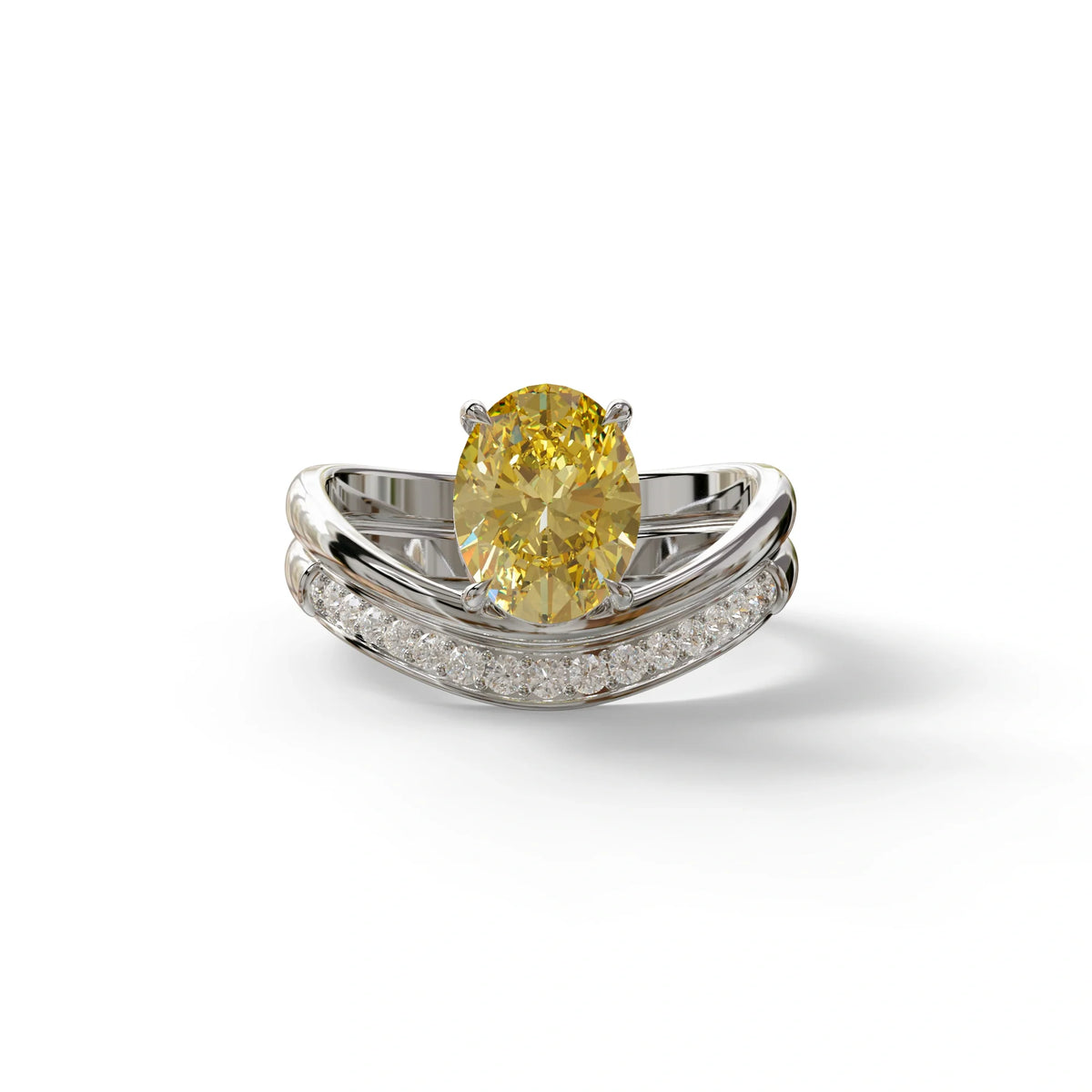 2 Carat Fancy Yellow Oval Cut Lab Grown Diamond Ring | Curve Setting - Brilliance - 10K Solid Gold / White Gold