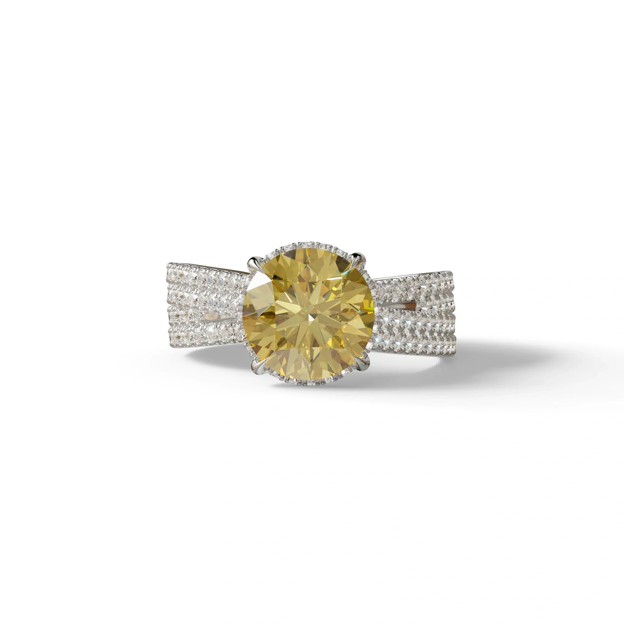 2 Carat Yellow Round Cut Hidden Halo Lab & Pave Lab Diamond Ring - Je t’aime - 10K Solid Gold / White Gold