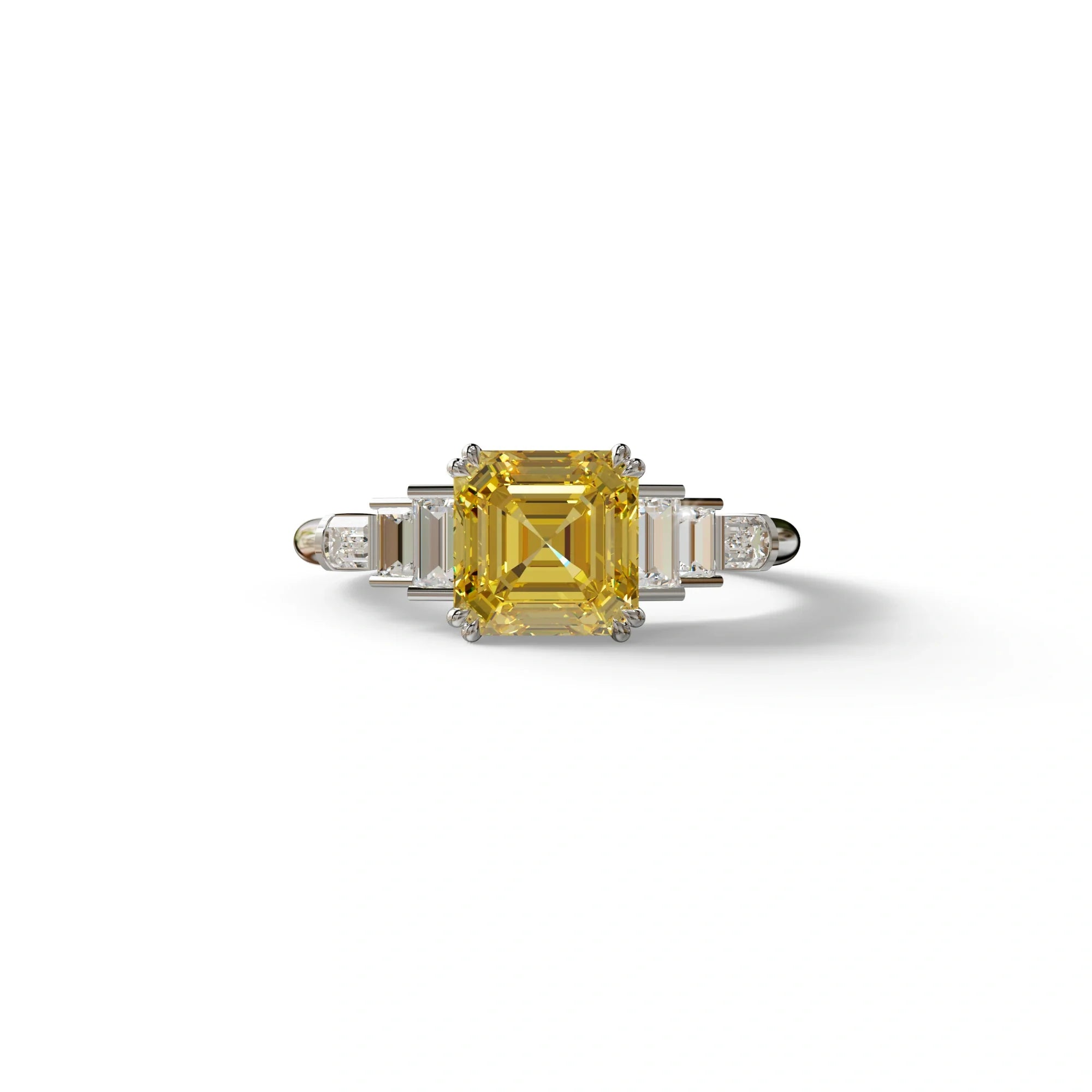 3 Carat Yellow Asscher Three Stone Lab grown Diamond Ring - Vetra - 10K Solid Gold / White Gold