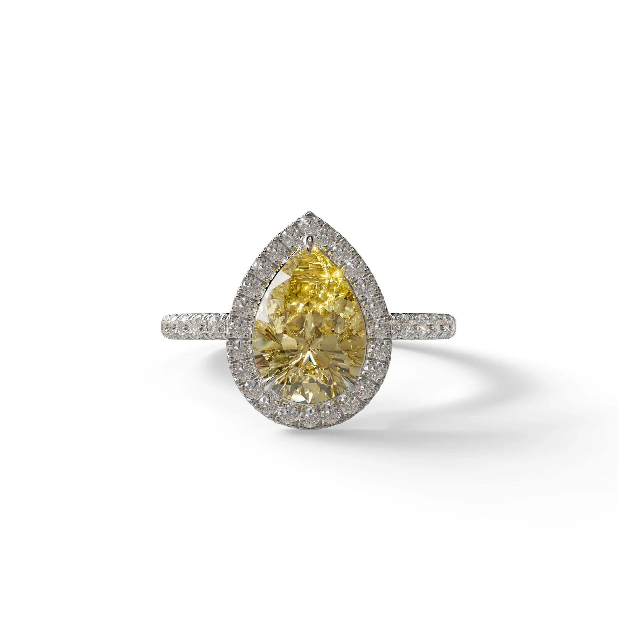 2 Carat Yellow Pear Cut Halo & Pave Lab Diamond Ring - Glam Deck - 10K Solid Gold / White Gold