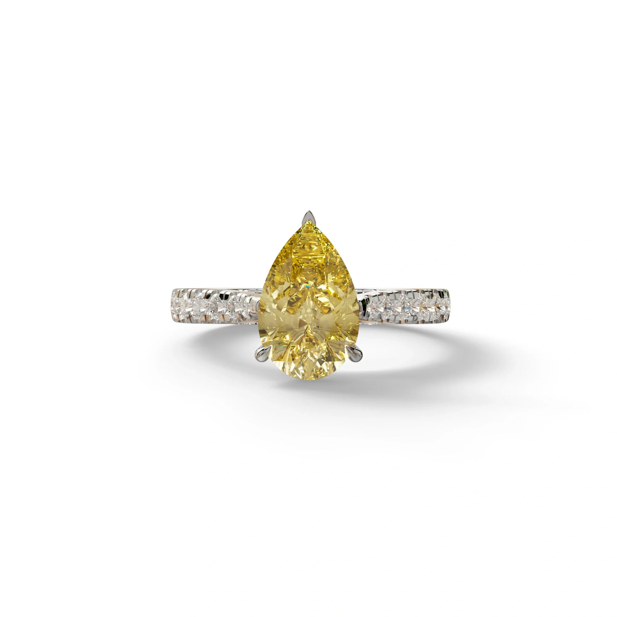 2 Carat Yellow Pear Shaped Hidden Halo Lab Diamond Engagement Ring - Teardrop - 10K Solid Gold / White Gold