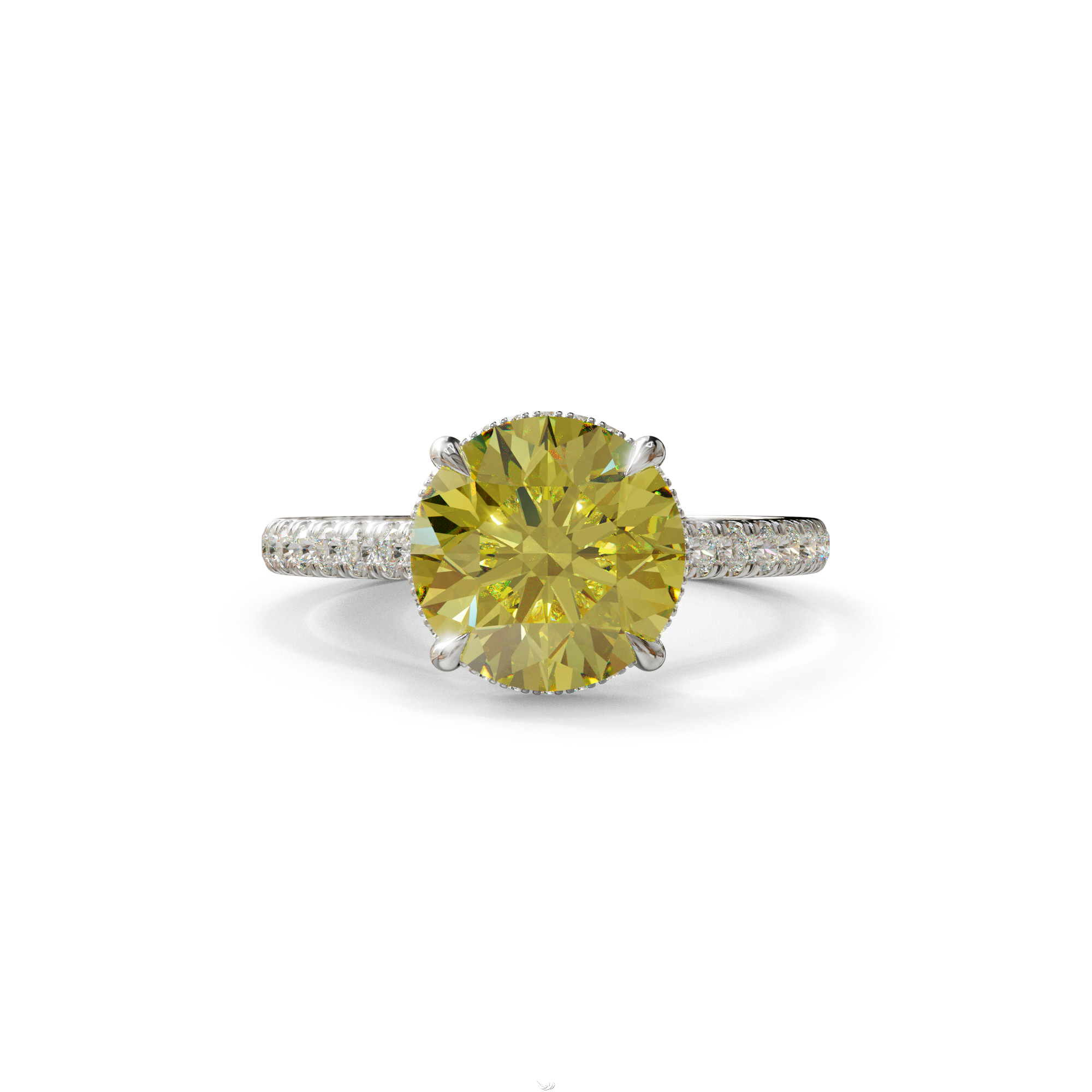 3 Carat Yellow Round Cut Hidden Halo & Pave Setting Lab Diamond Ring - Eblouissant - 10K Solid Gold / White Gold