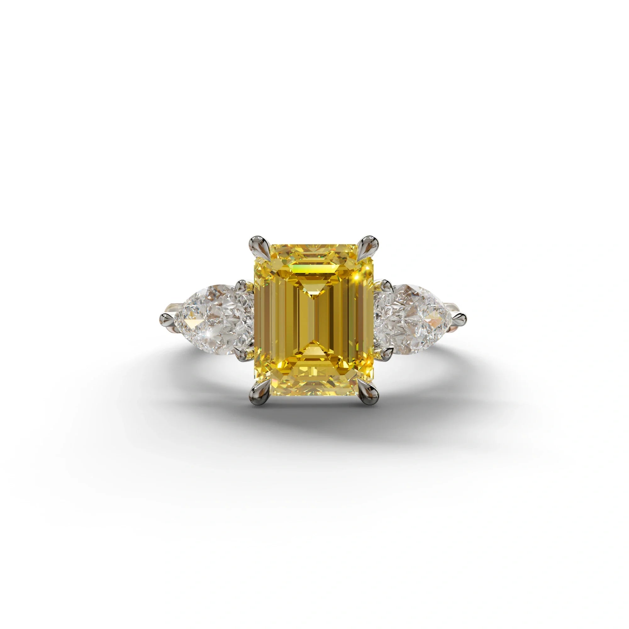 3 Carat Yellow Emerald Cut Lab Diamond In 3 Stones Claw Prongs Setting Ring - 10K Solid Gold / White Gold