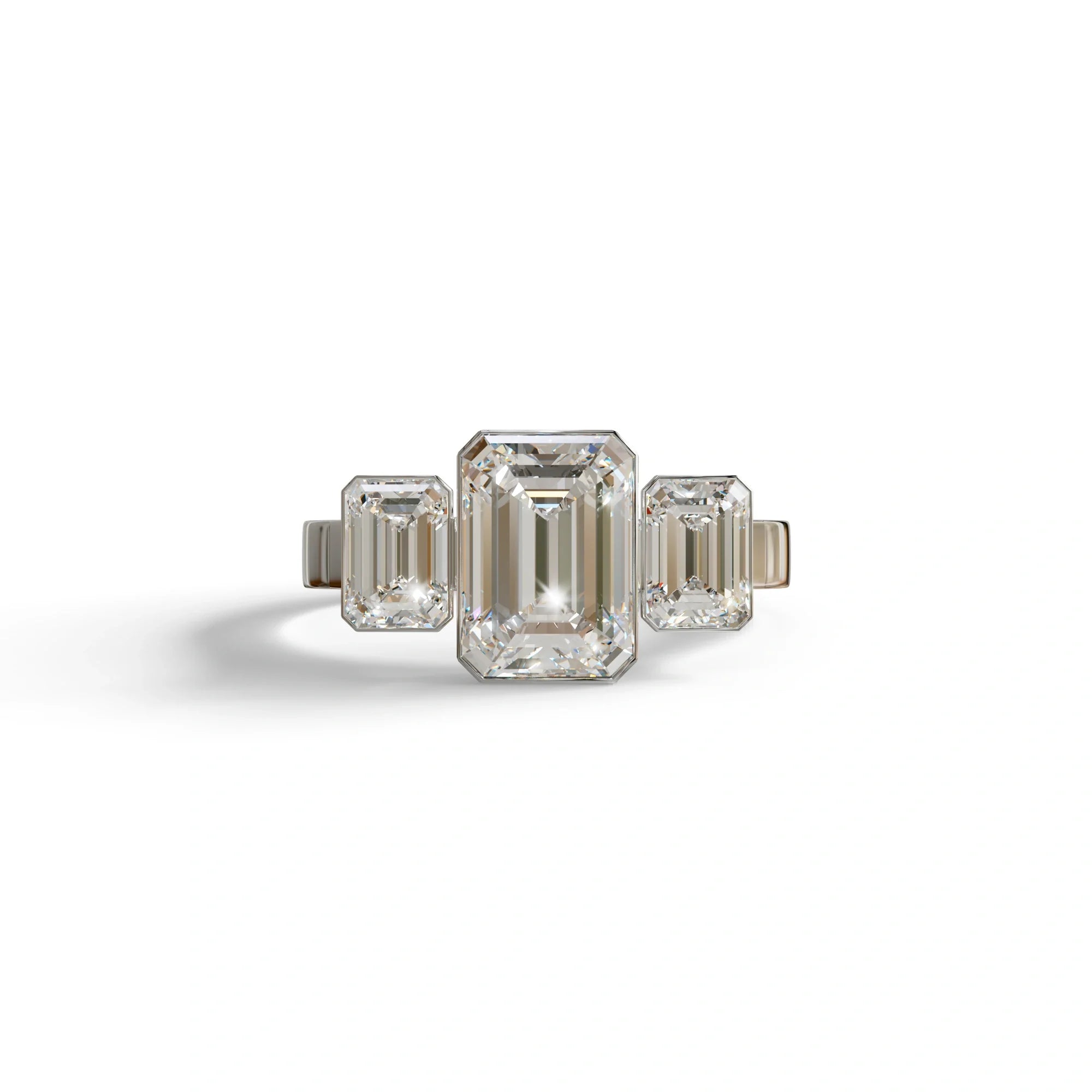 Three Stone 3 carat Center Emerald E VVS Lab Grown Diamond Engagement Ring - Elaris - 10K Solid Gold / White Gold