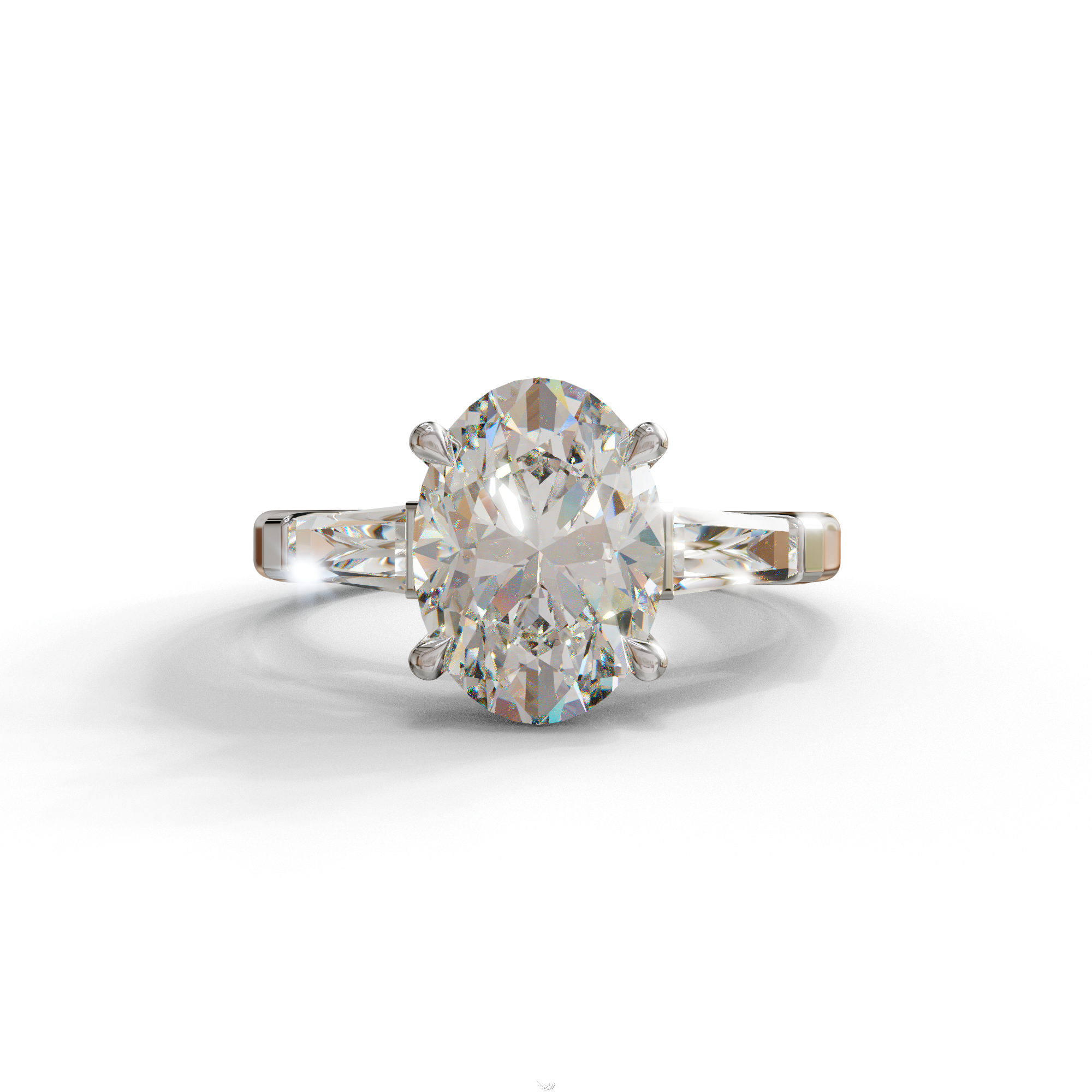 3.75 Carat E/VVS Oval & Tapered Baguette Lab Grown Diamond Three Stone Engagement Ring - 10K Solid Gold / White Gold