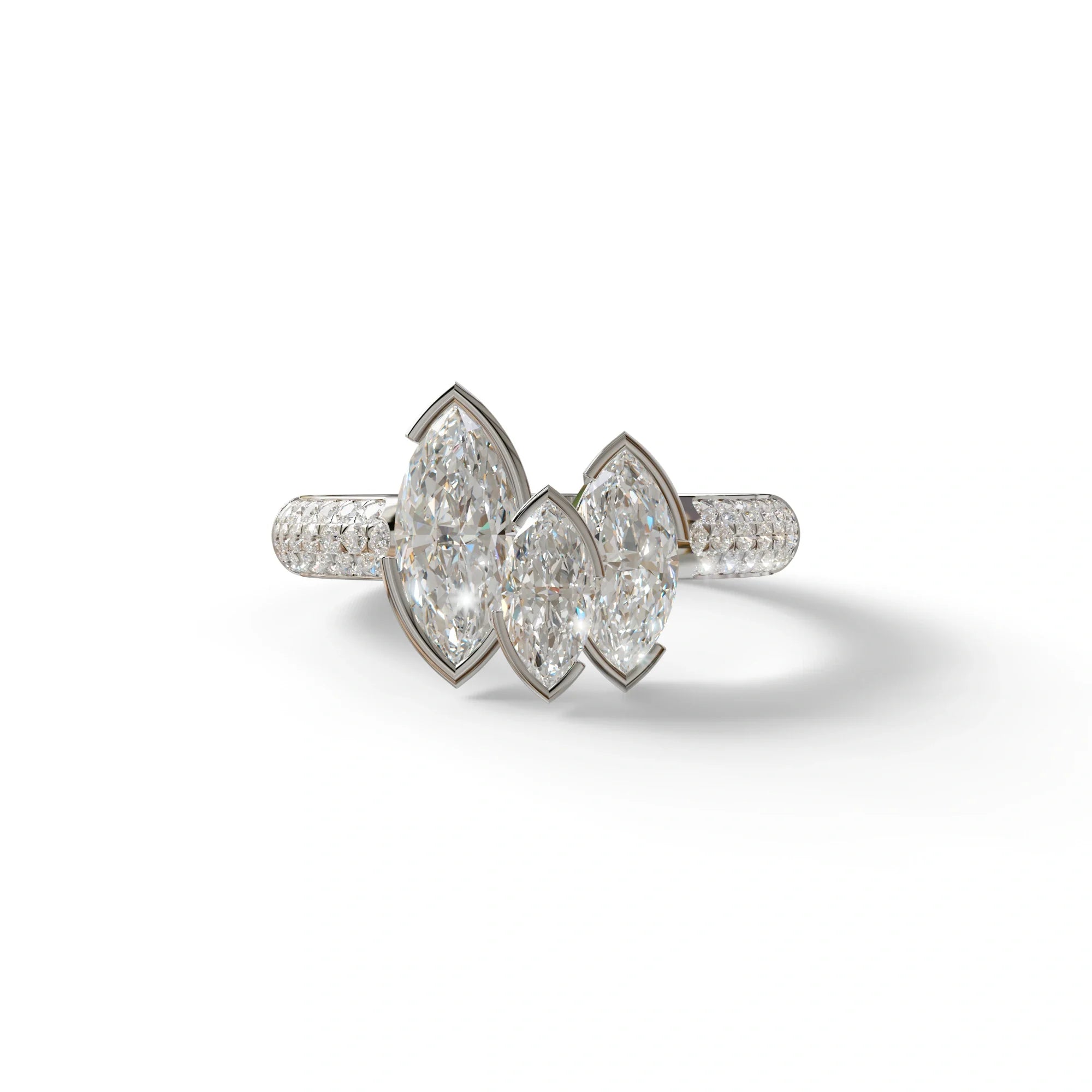 3 Stone 5 Carat E-VVS Marquise Cut Lab Diamond Ring - Dutch - 10K Solid Gold / White Gold