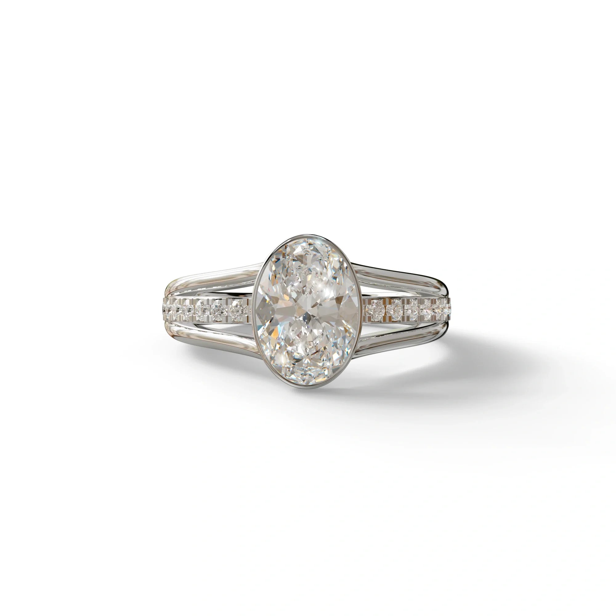 3 Carat Oval Bezel Setting lab grown Diamond Engagement Ring - Prisma - 10K Solid Gold / White Gold
