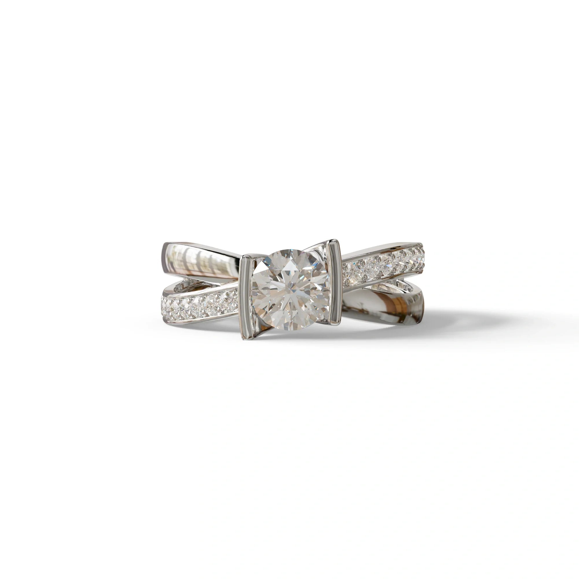 1 Carat E VVS Round Cut Lab Diamond Crossover Ring Pave Setting - Lisa - 10K Solid Gold / White Gold